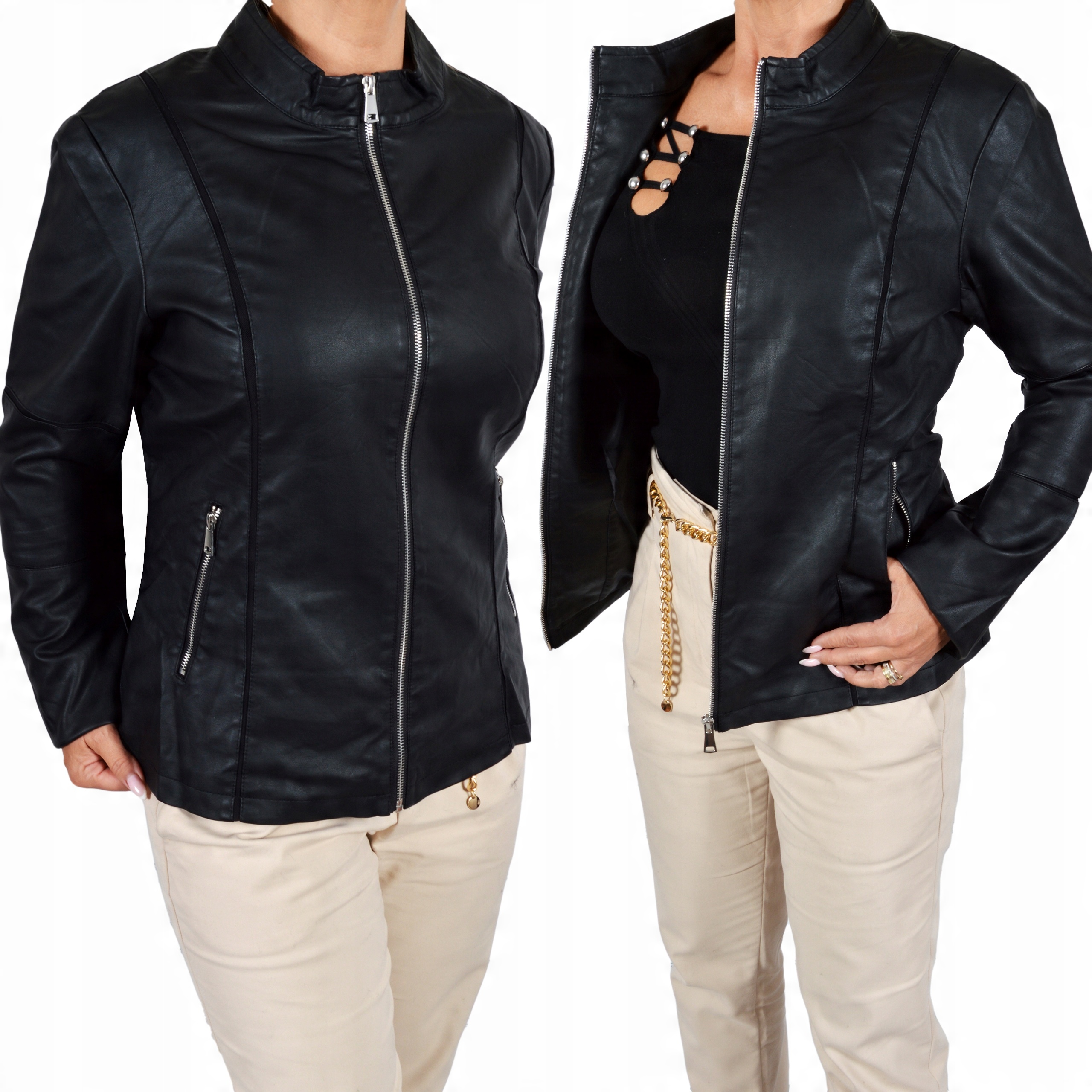 

Skóra Kurtka Skórzana Stójka Chanelka Plus Size #