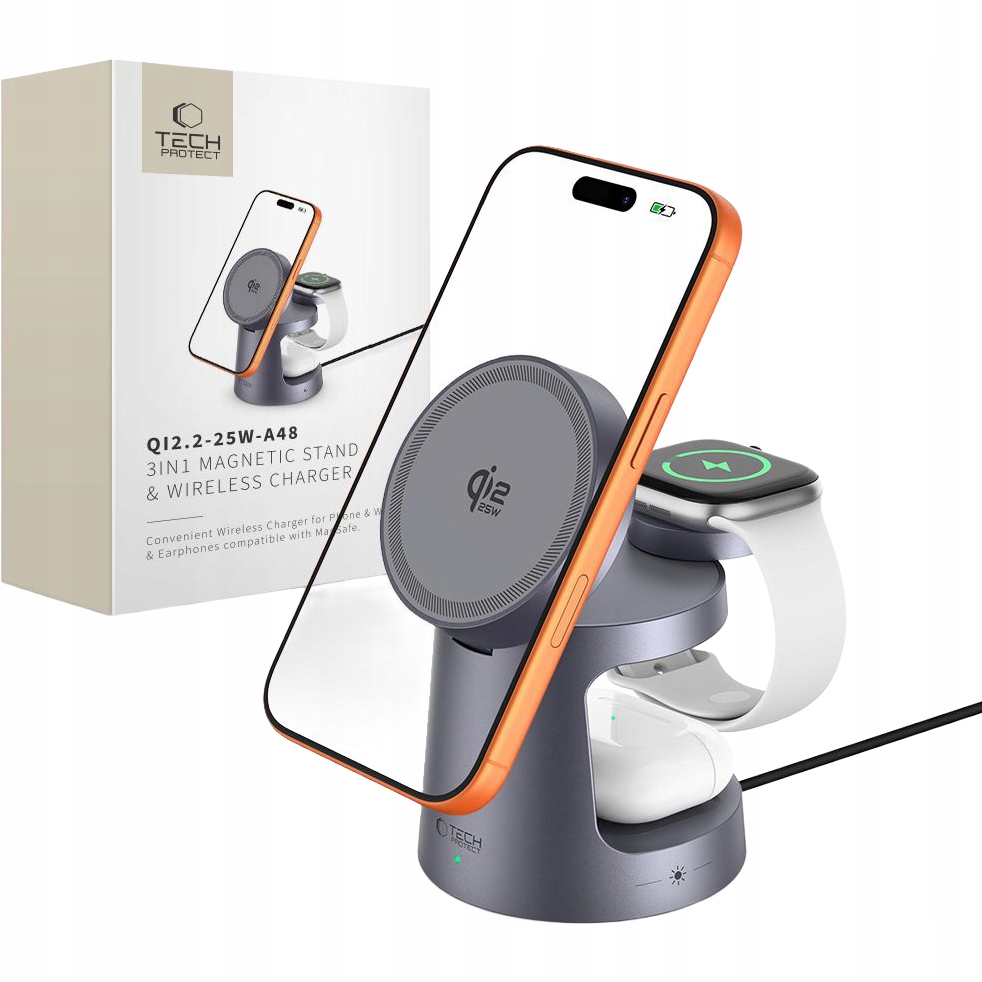 Bezdrátová nabíječka Qi2.2 3v1 Tech-Protect pro telefon a sluchátka, výkonná