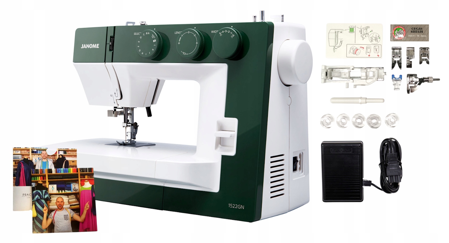 Maszyna do szycia mechaniczna Janome 1522 Gn zielona kursy szycia