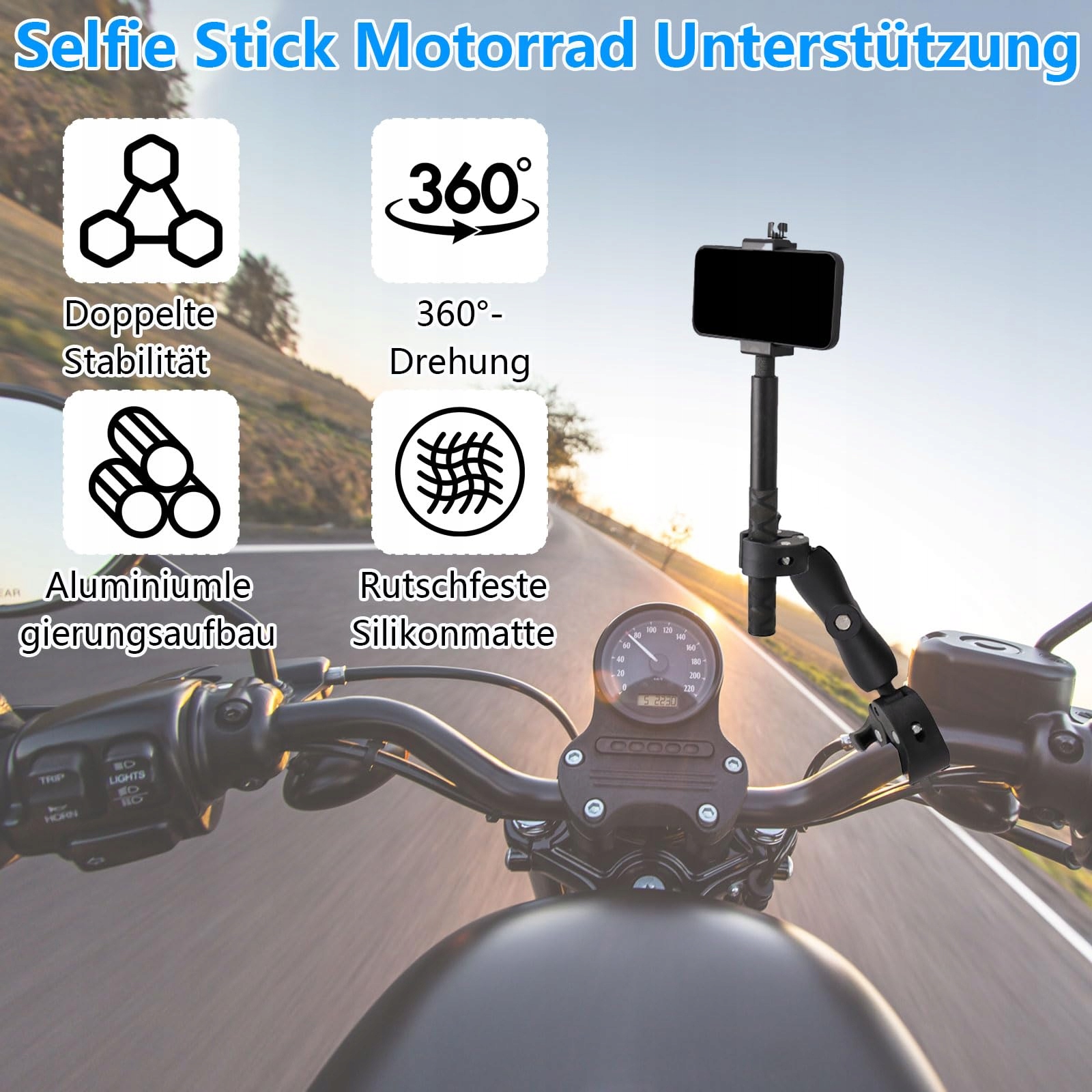 Uchwyt Kamery Motocyklowy 360° Klamra Selfie Stick 120cm Rower YUZINO — miniatura 2