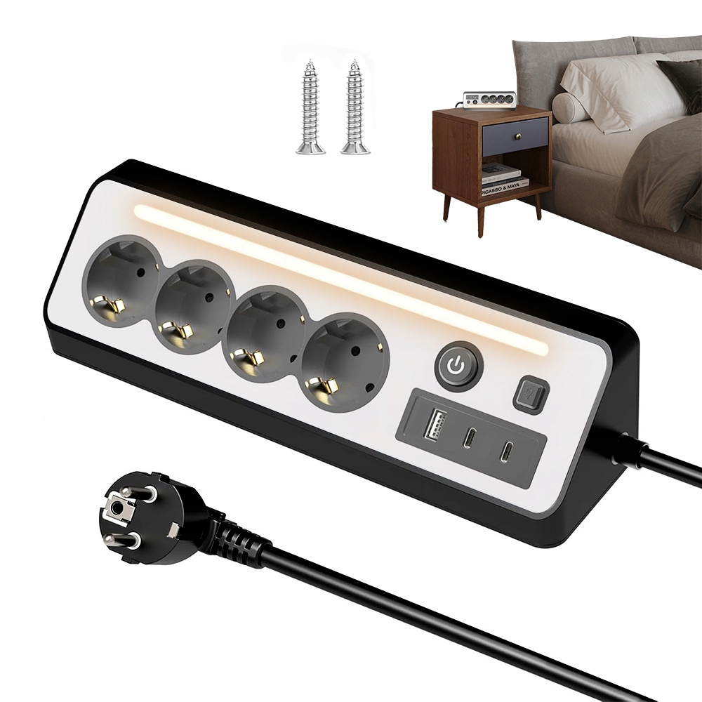 Napájecí zásuvka 4x Ac 2x Type-C Usb s lampičkou a vypínačem