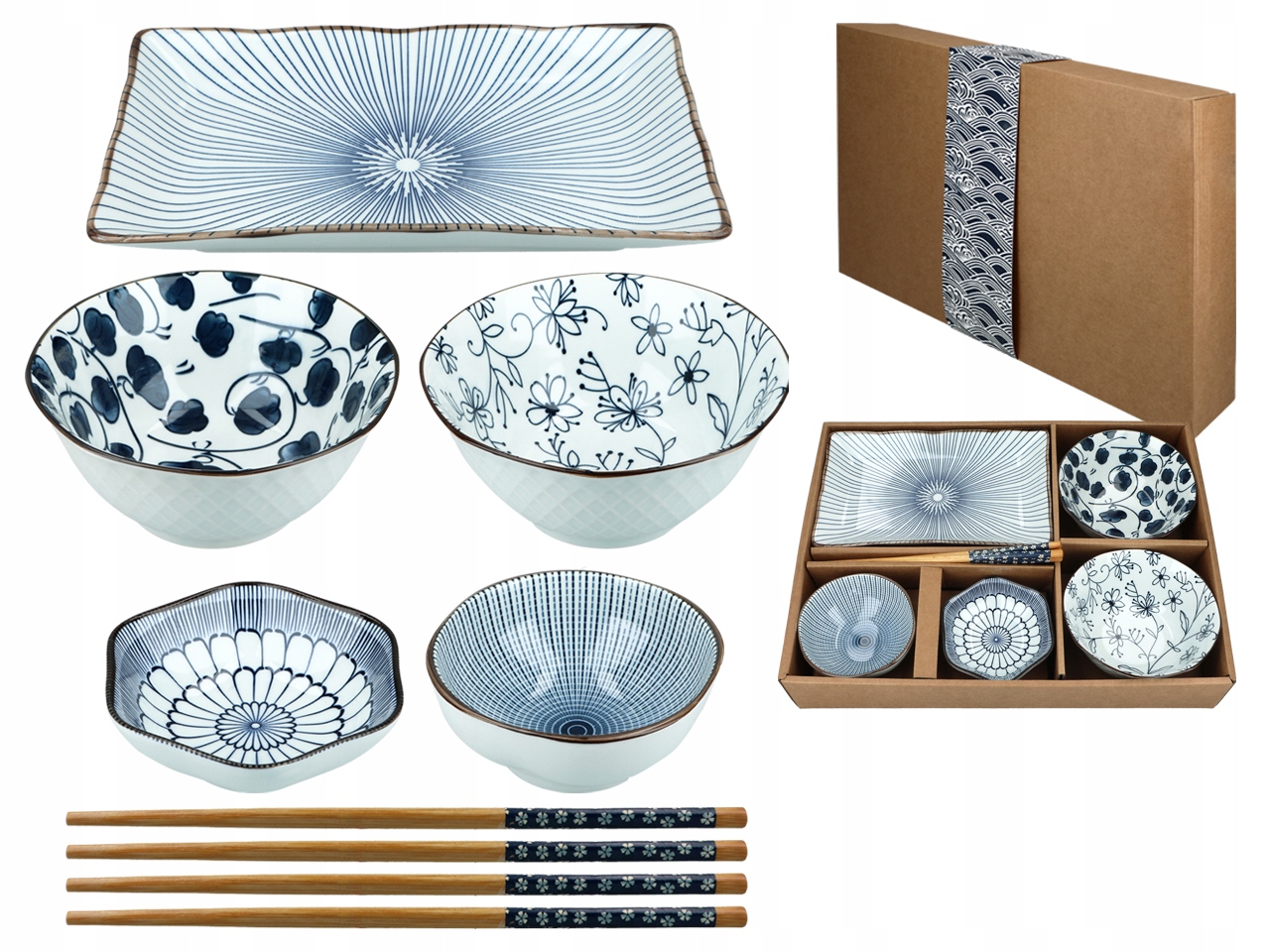 ZESTAW DO SUSHI 4 MISECZKI TALERZ PAŁECZKI DO JEDZENIA KOMPLET NACZYŃ