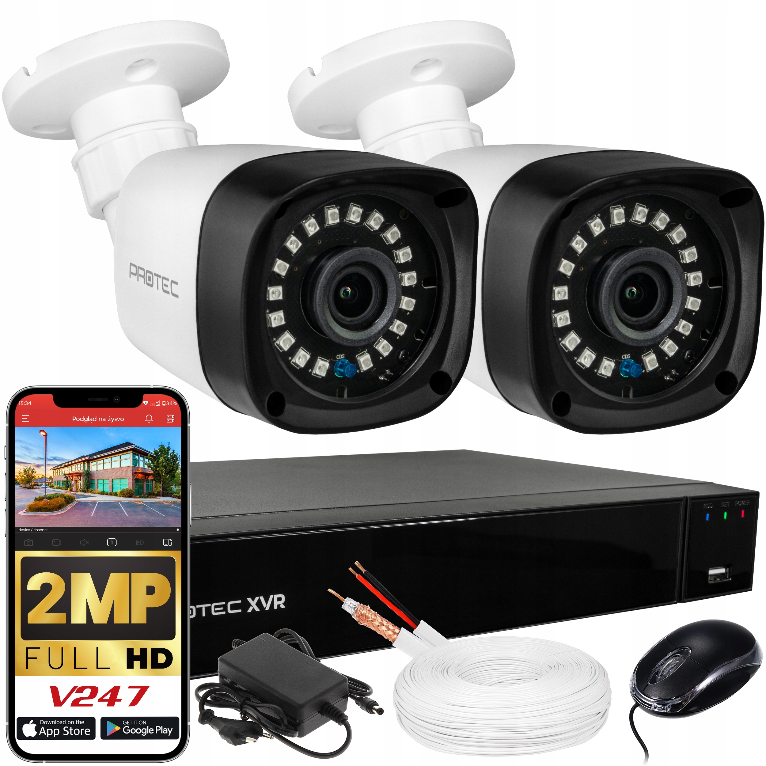 Zestaw 2 Kamery Fullhd Monitoring Zewnętrzny Podgląd Na Aplikacji