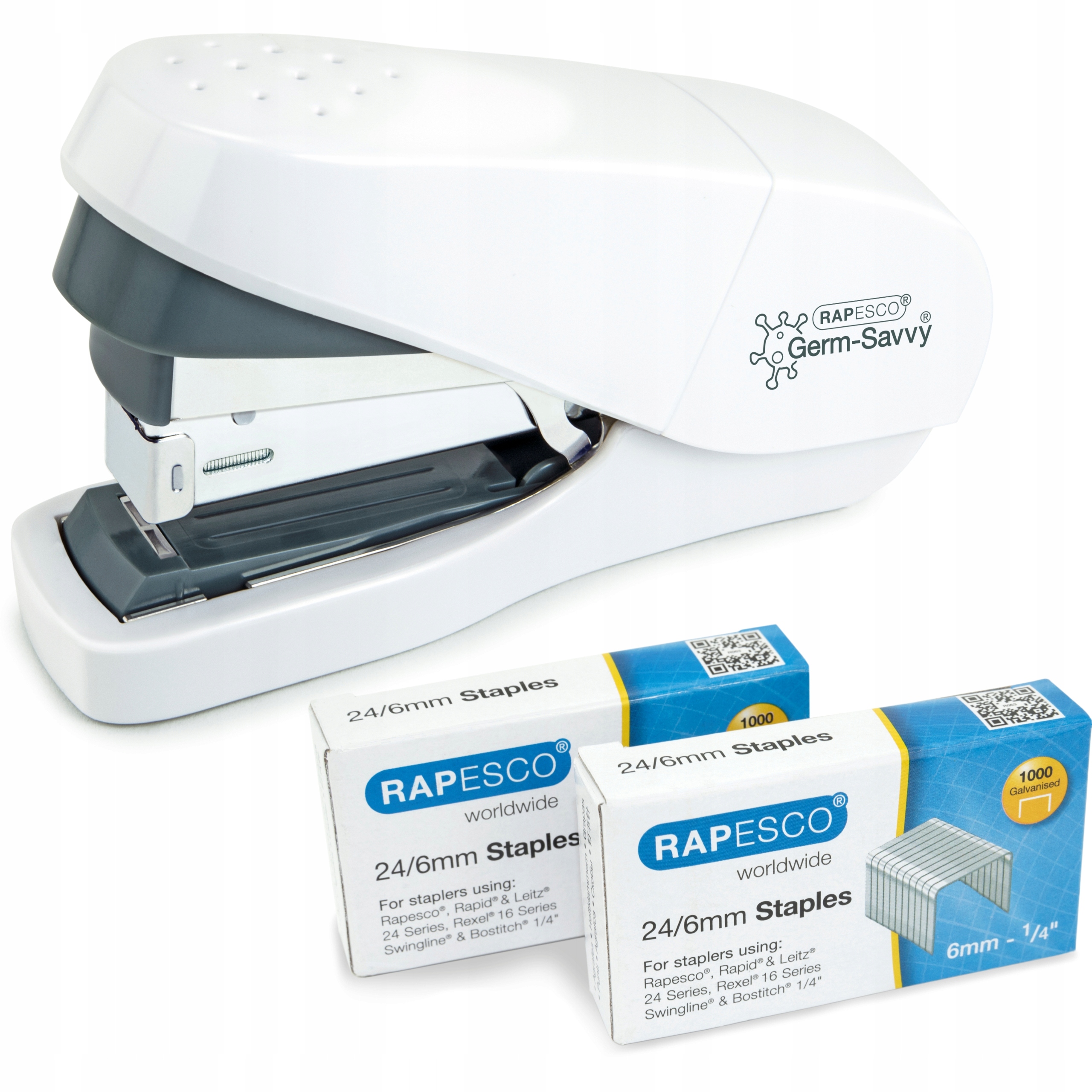 Mocny zszywacz biurowy do 35 kartek Rapesco Eco Clinch biały + zszywki 24/6