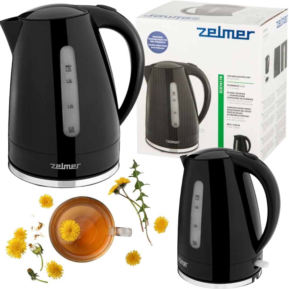 Czajnik Elektryczny Czarny Zelmer Zck 7617B 1,7L 2200W Modny Obrotowy Filtr