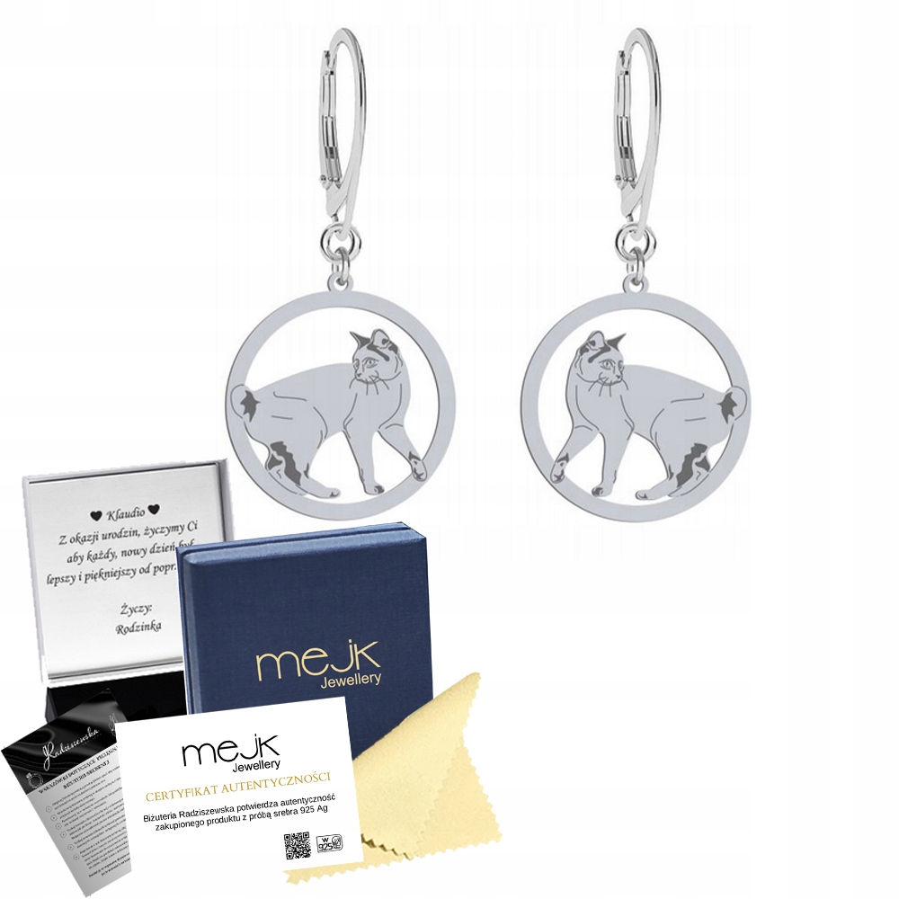 Stříbrné Náušnice s kočkou Japanese Bobtail 925 Šperky Žena Gravírování