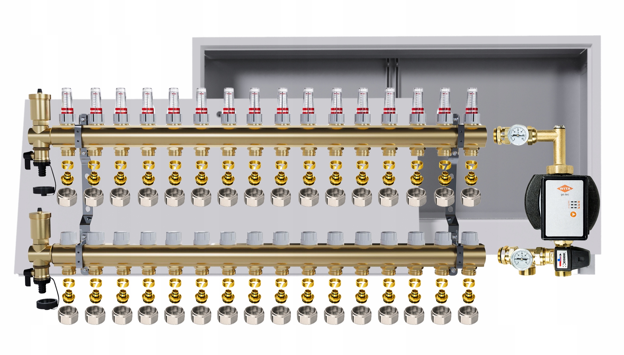 Rozdělovač pro podlahu 16 okruhů s čerpadlem Wita podomítková skříňka +pex
