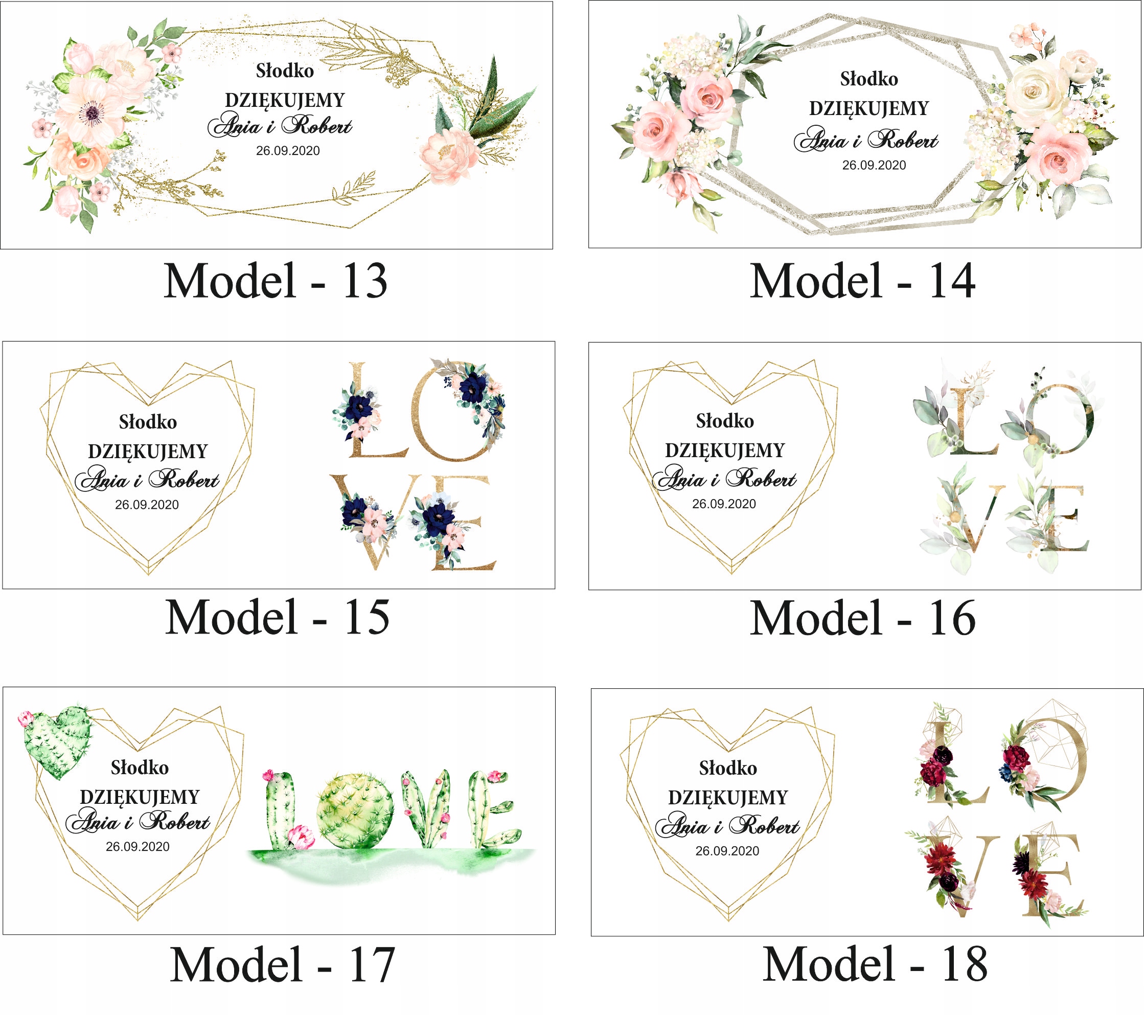 Etykiety naklejki na ciasto wesele ślub 21szt XXL Kolor dominujący wielokolorowy