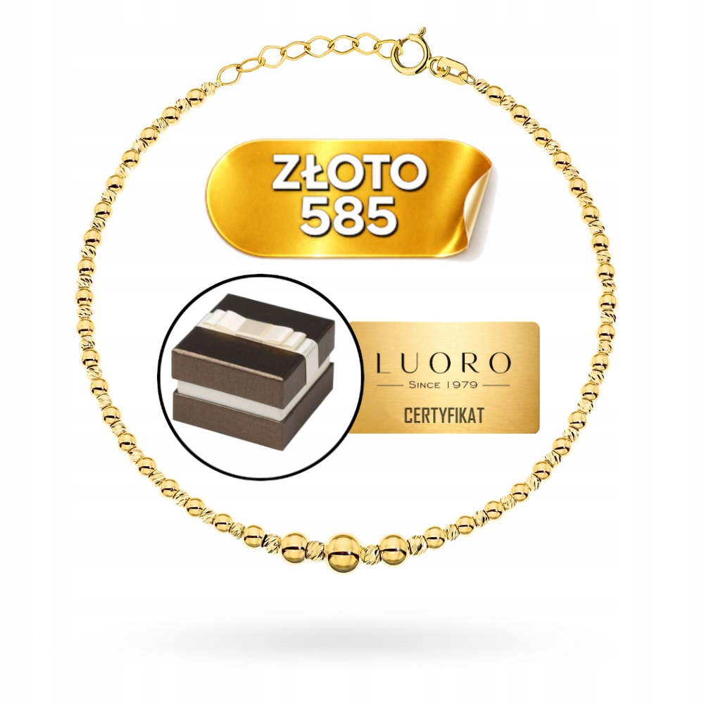 Zlatý Náramek 585 14K, Hladké A Diamantové Kuličky 17 CM, Elegantní