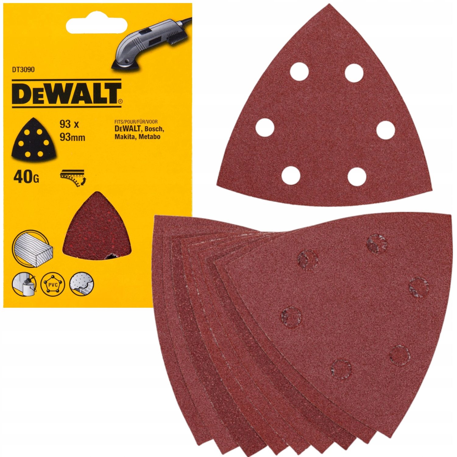 DeWALT DT3090 Papier ścierny trójkątny na rzep 93 x 93 mm gr. 40 10 szt.