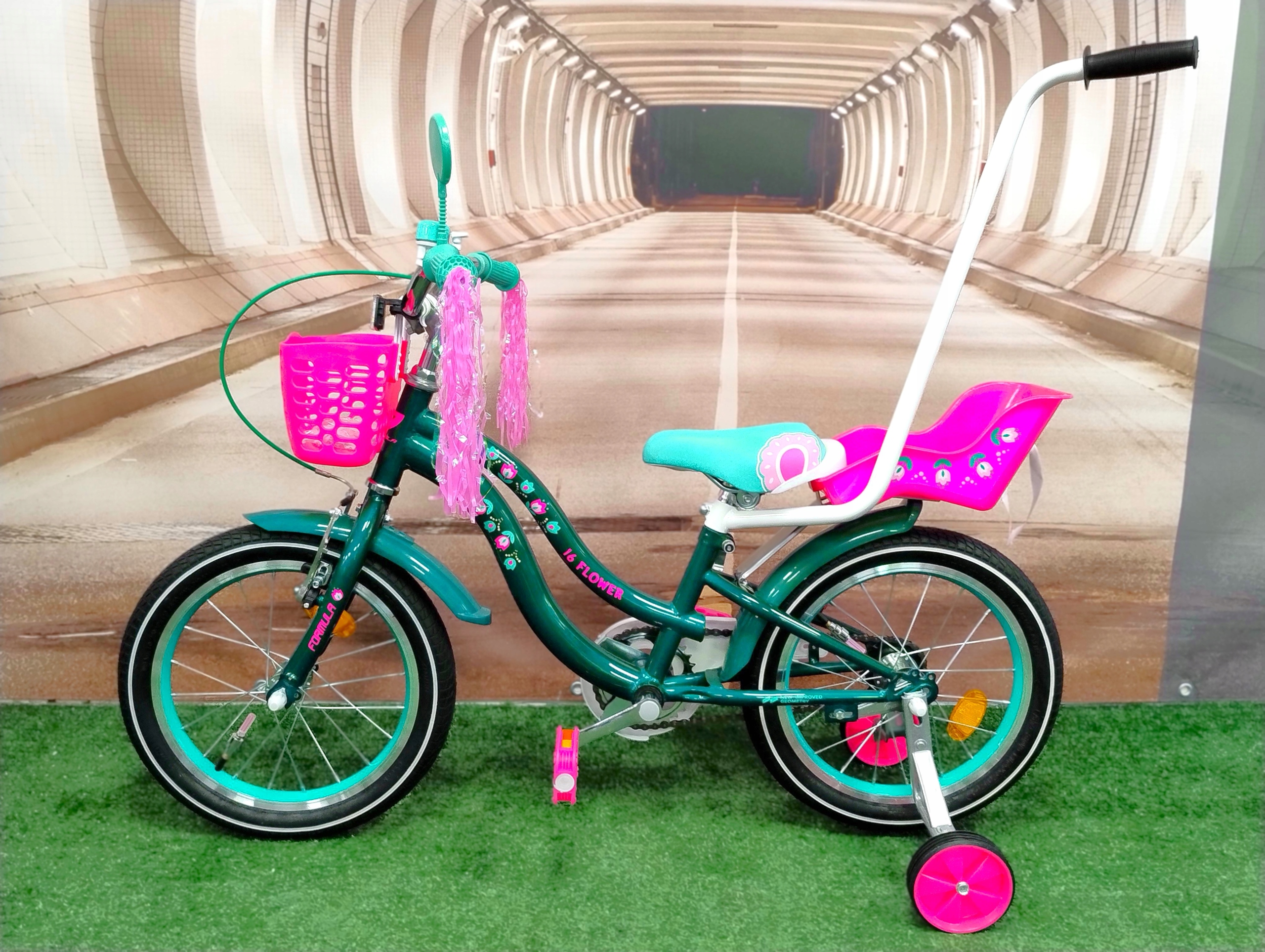 Rower dziecięcy dla dziewczynki 3 lata Boczne Koła, Prowadnica, Wstążki