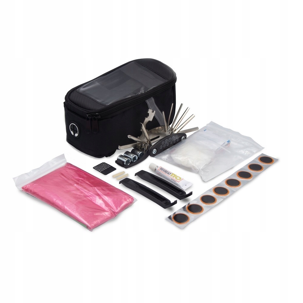 Torba rowerowa z wyposażeniem, nylon 600D, czarny