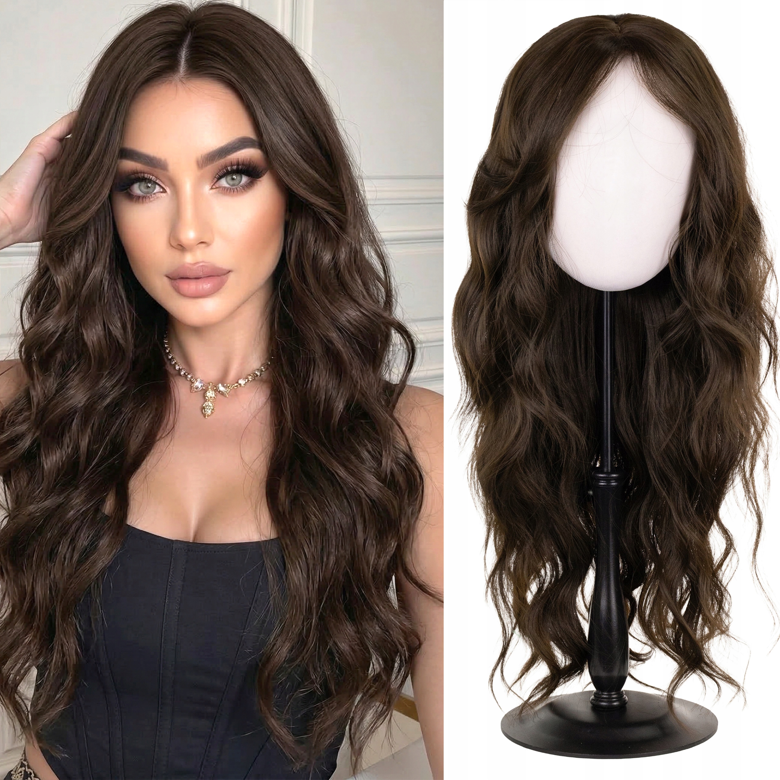 Peruka Syntetyczna z grzywką Włosy Sztuczne długie fale brąz cieniowana