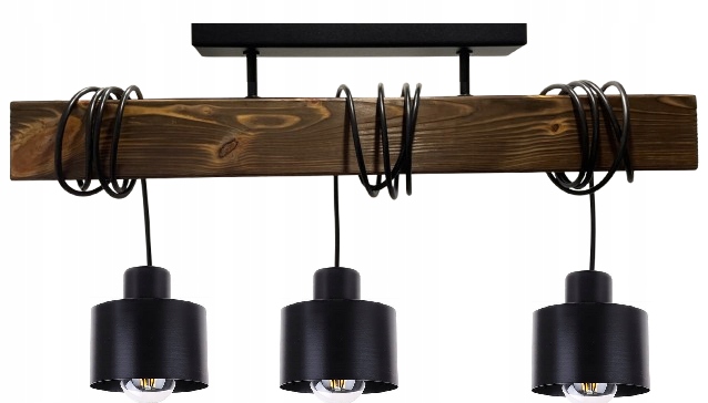 Lampa lustr dřevo 3xE27 silný trám Loft Černá drátěnka