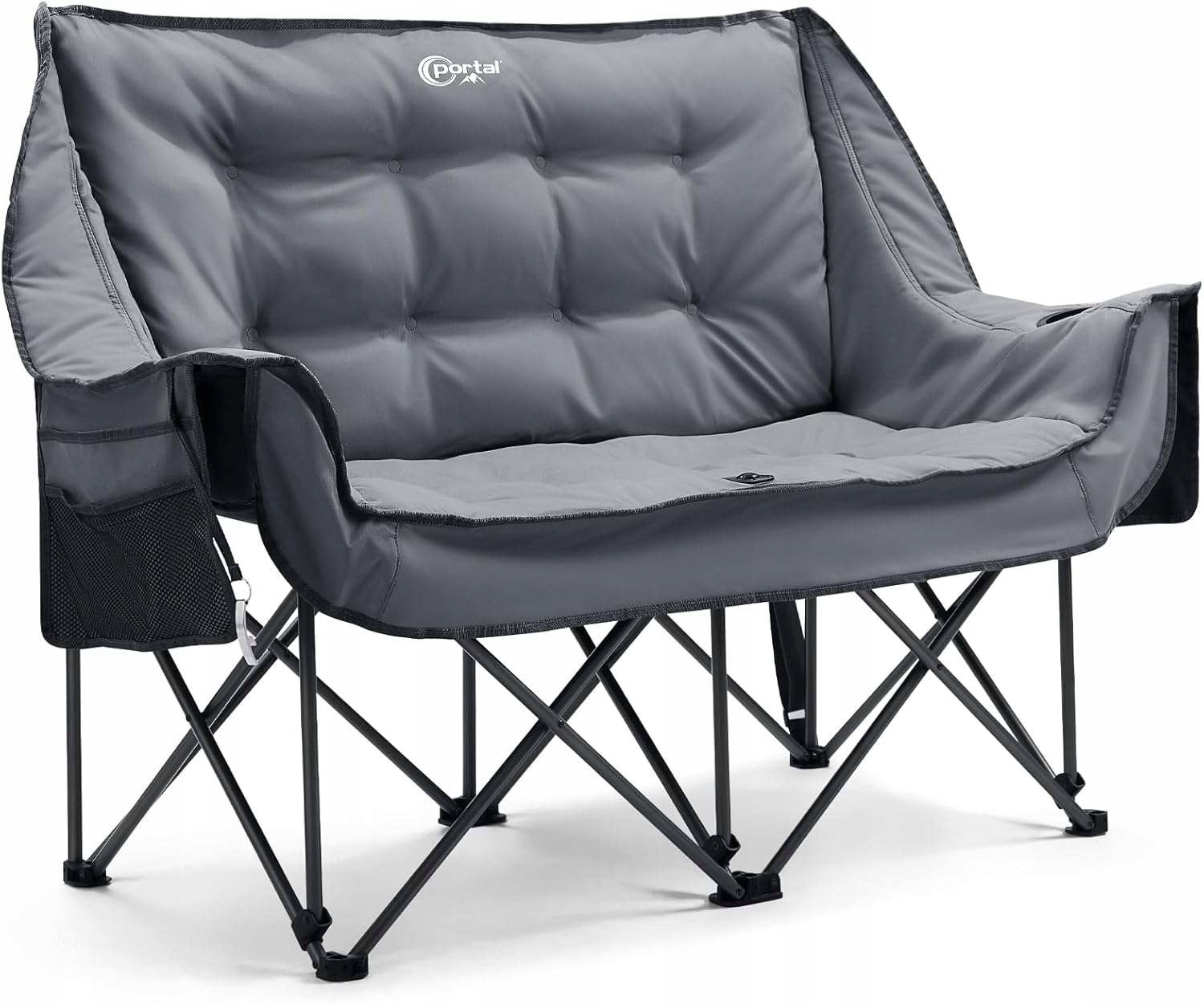 Sofa Kempingowa Podwójna Składana Szara Duże Pikowane Siedzisko 75 CM
