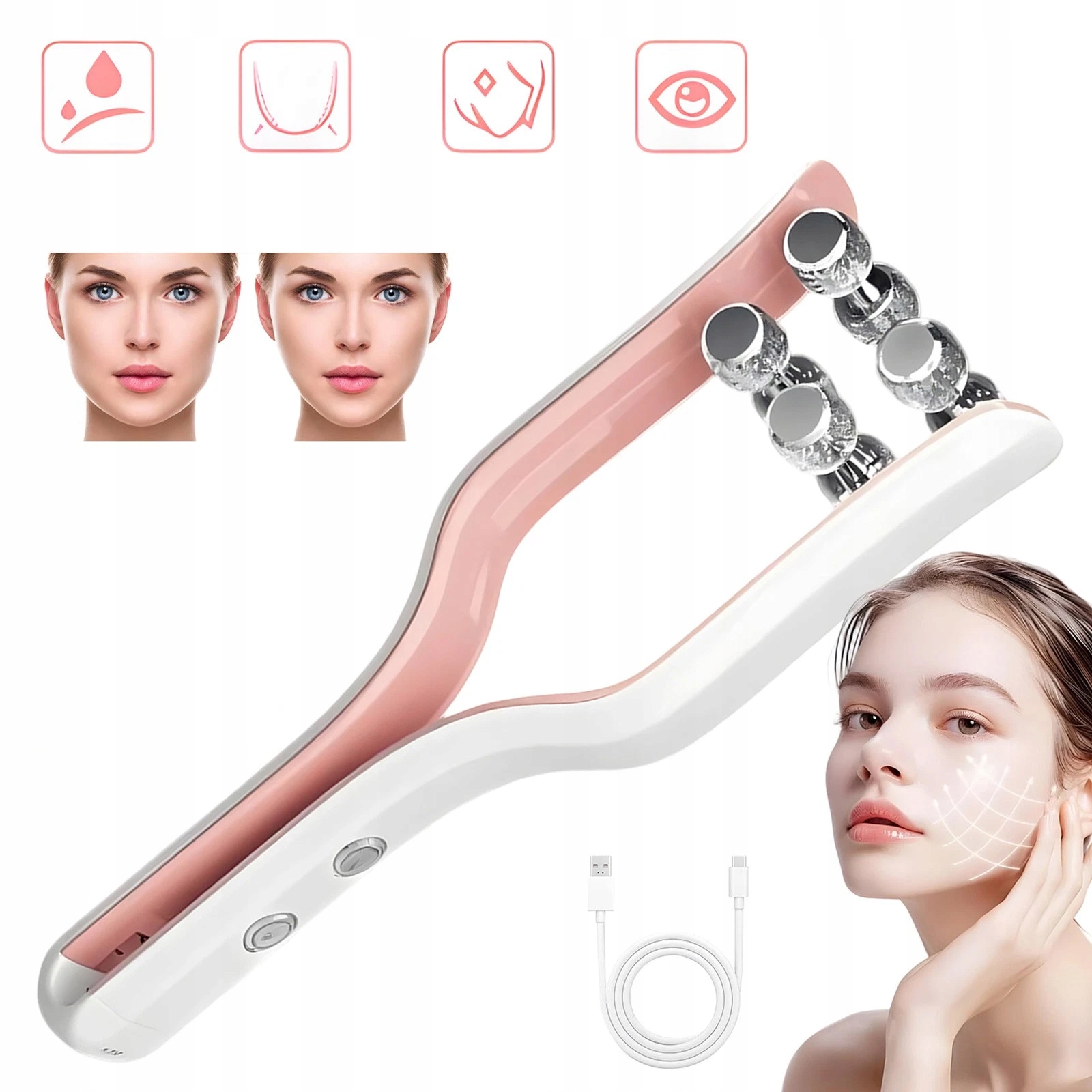 Masážní Přístroj Na Obličej Ems 400 Mah Růžový Se 3 Režimy Pro Obličej Ve Tvaru V