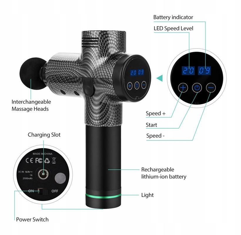 PISTOLET DO MASAŻU MASAŻER 6 GŁOWICE LED
