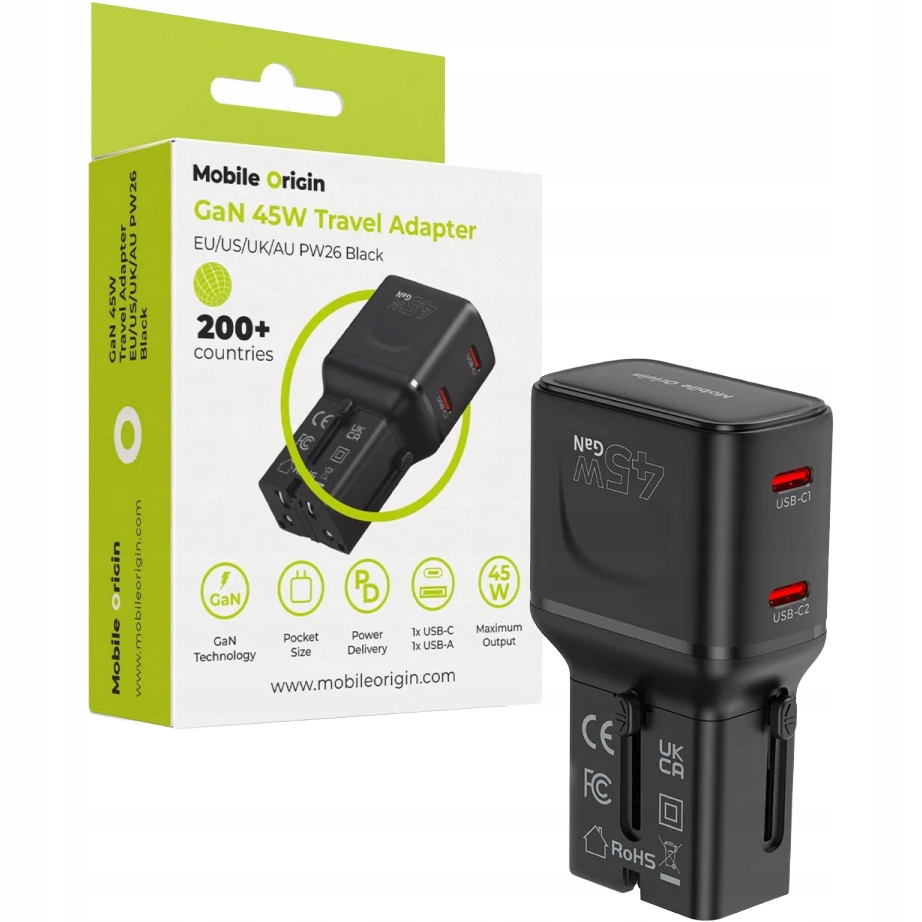Ładowarka sieciowa podróżna, adpater Uk Usa Aus Mobile Origin 45W Usb-c GaN