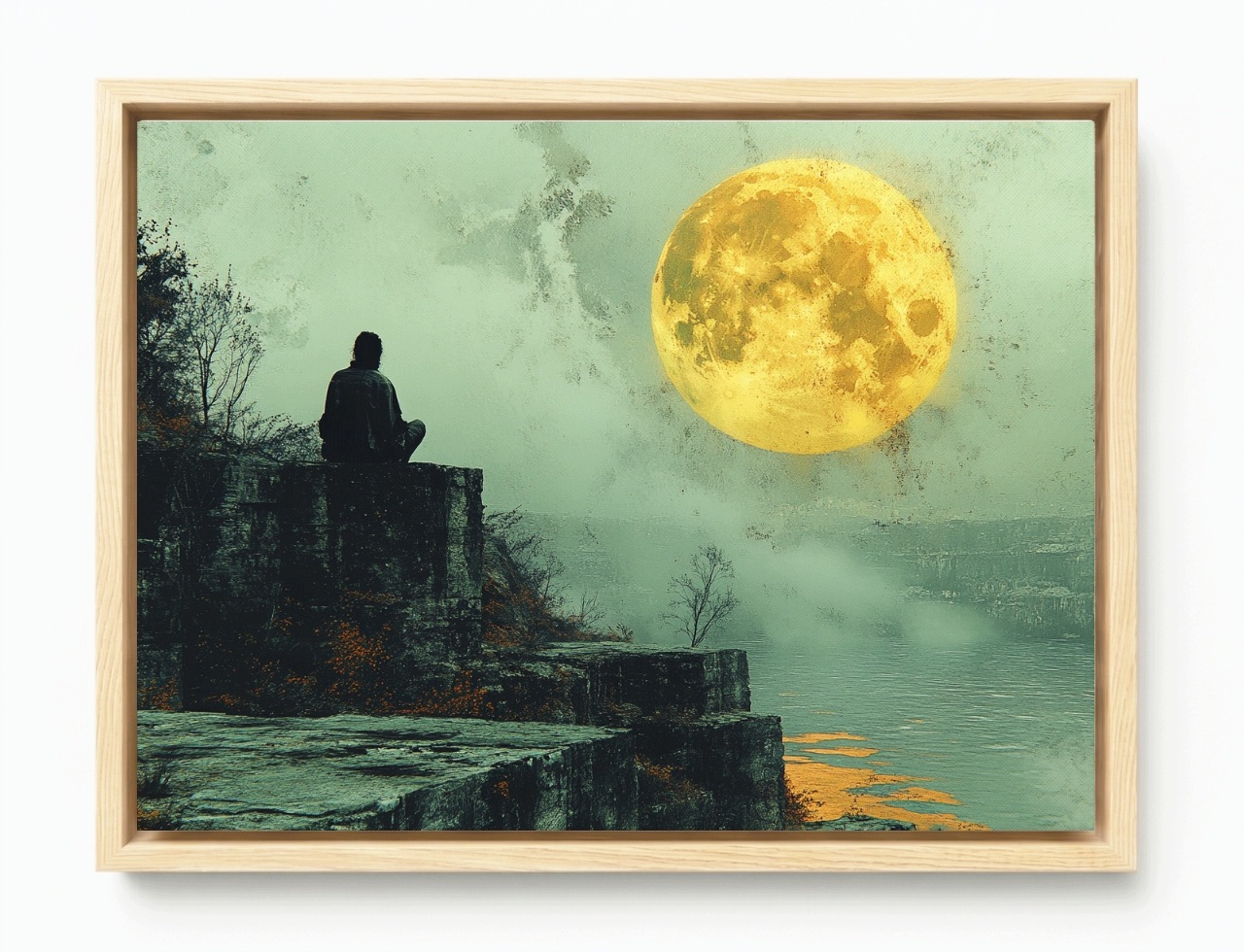 Obraz Rám Americký Box Člověk Skály Voda Měsíc Noc Meditace 80x60