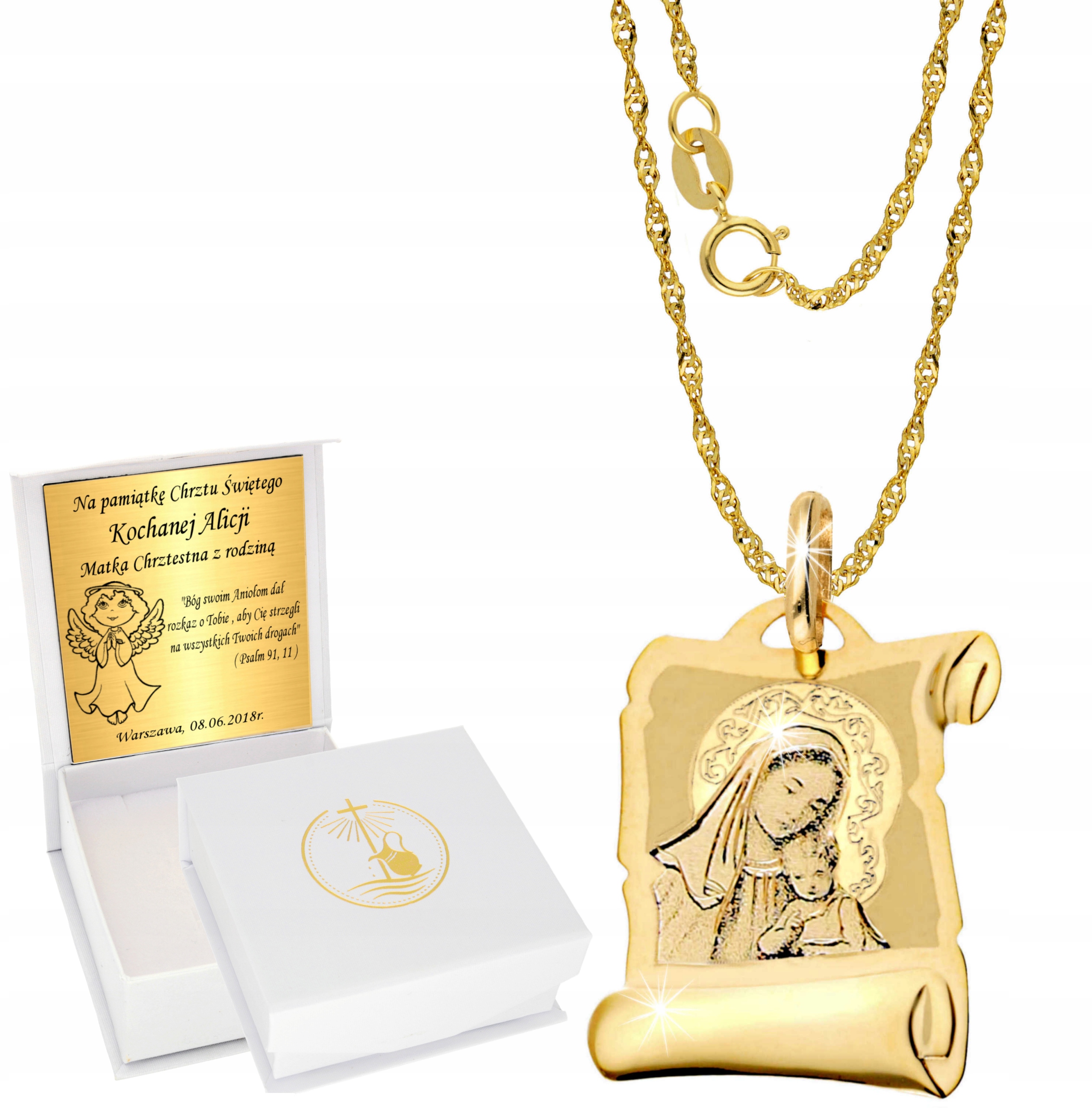 Złoty Łańcuszek z Medalikiem 585 Komunia Grawer
