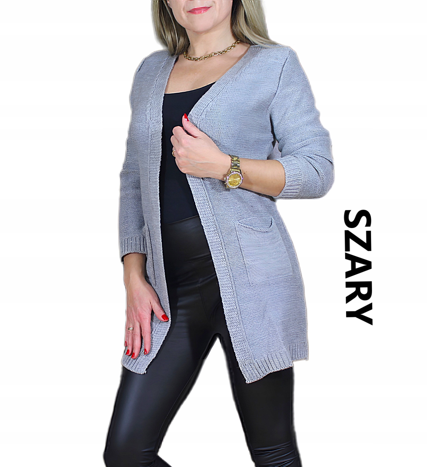 MODNY DŁUGI KARDIGAN NARZUTKA SWETER GŁADKI BASIC KLASYCZNY WYGODNY MIŁY Model Wiosna