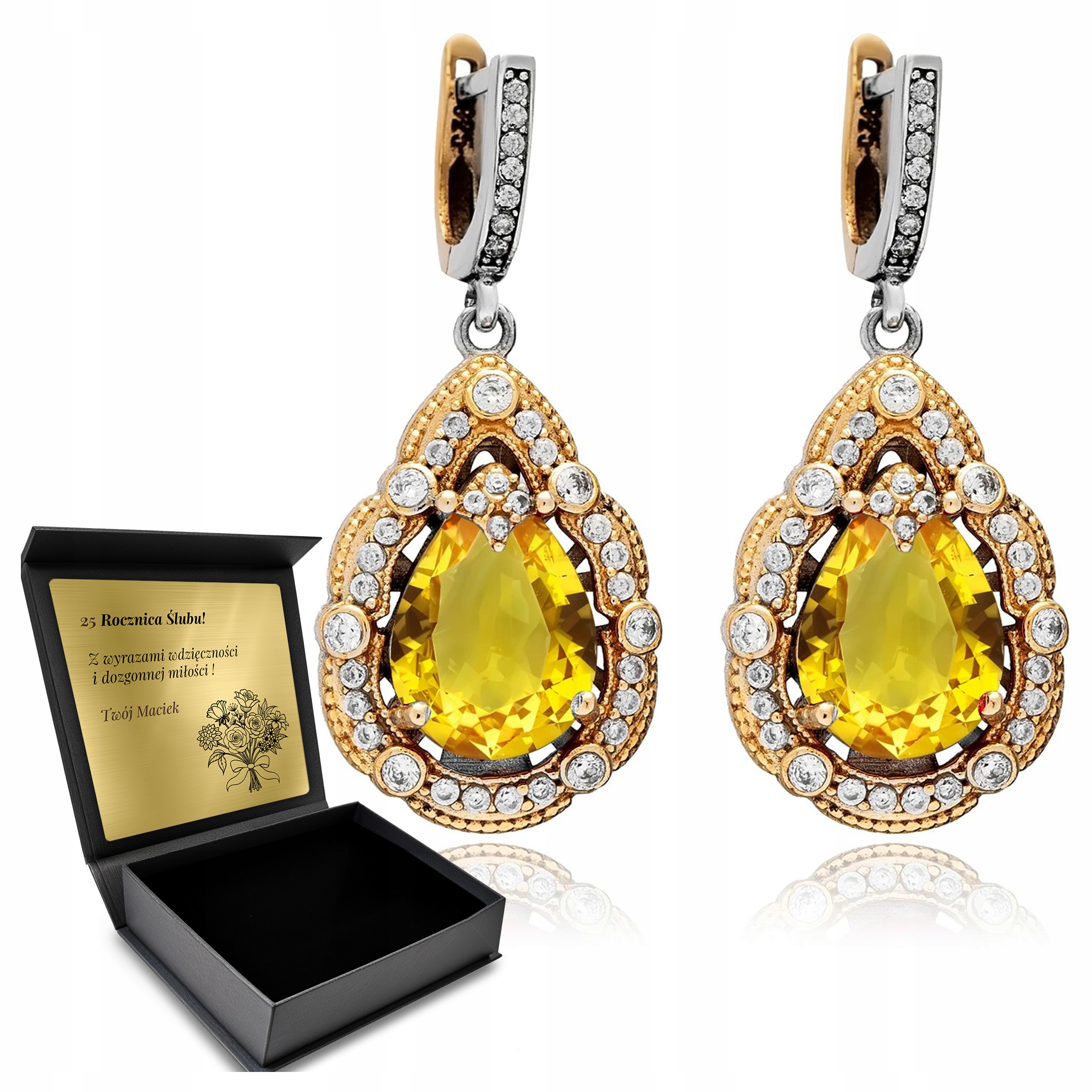 Stříbrné Náušnice 925 Zirkony Citron Dárek pro ženu Gravírování Bonus
