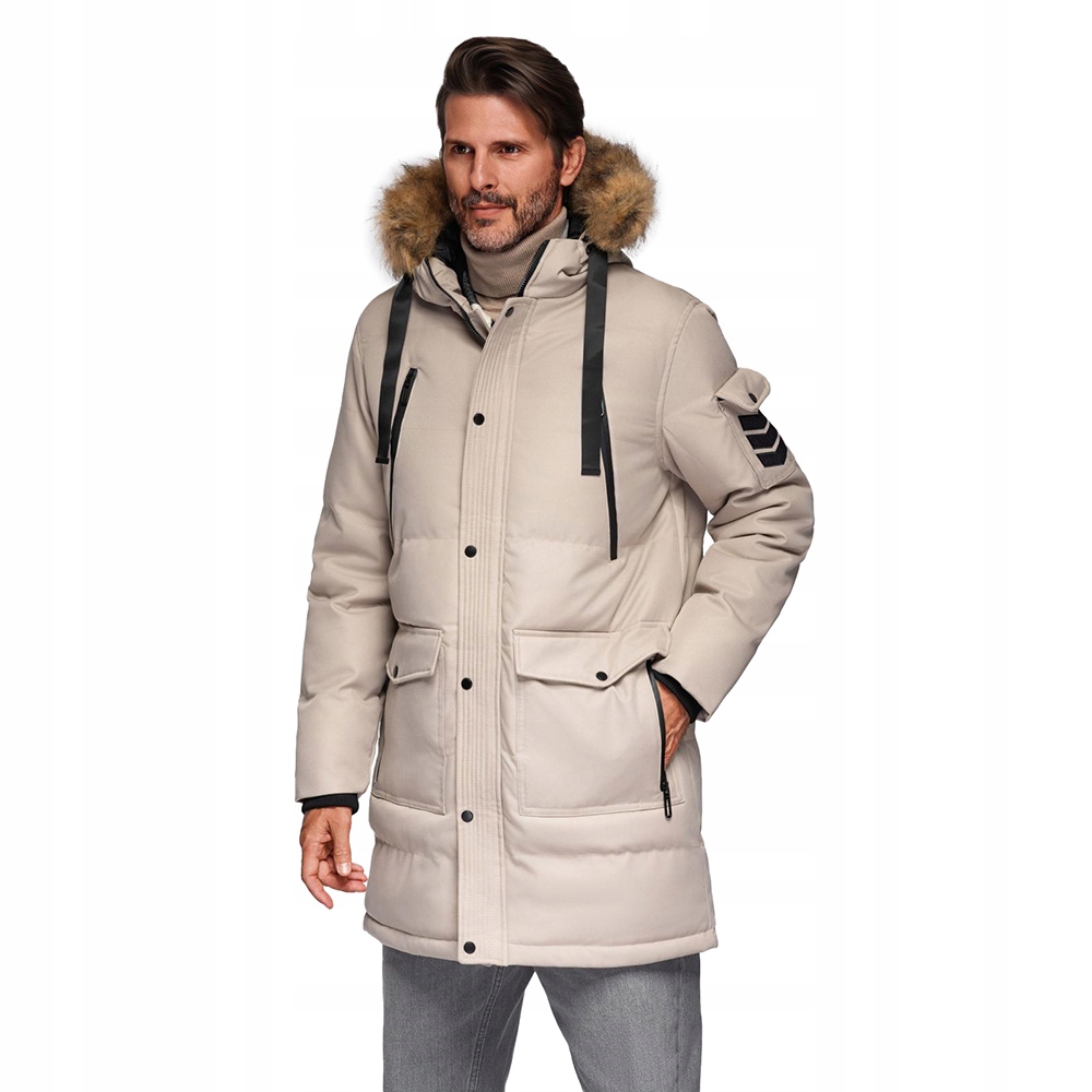 Dlouhá teplá pánská parka s s kapucí béžová V5 OM-JALJ-0182 L