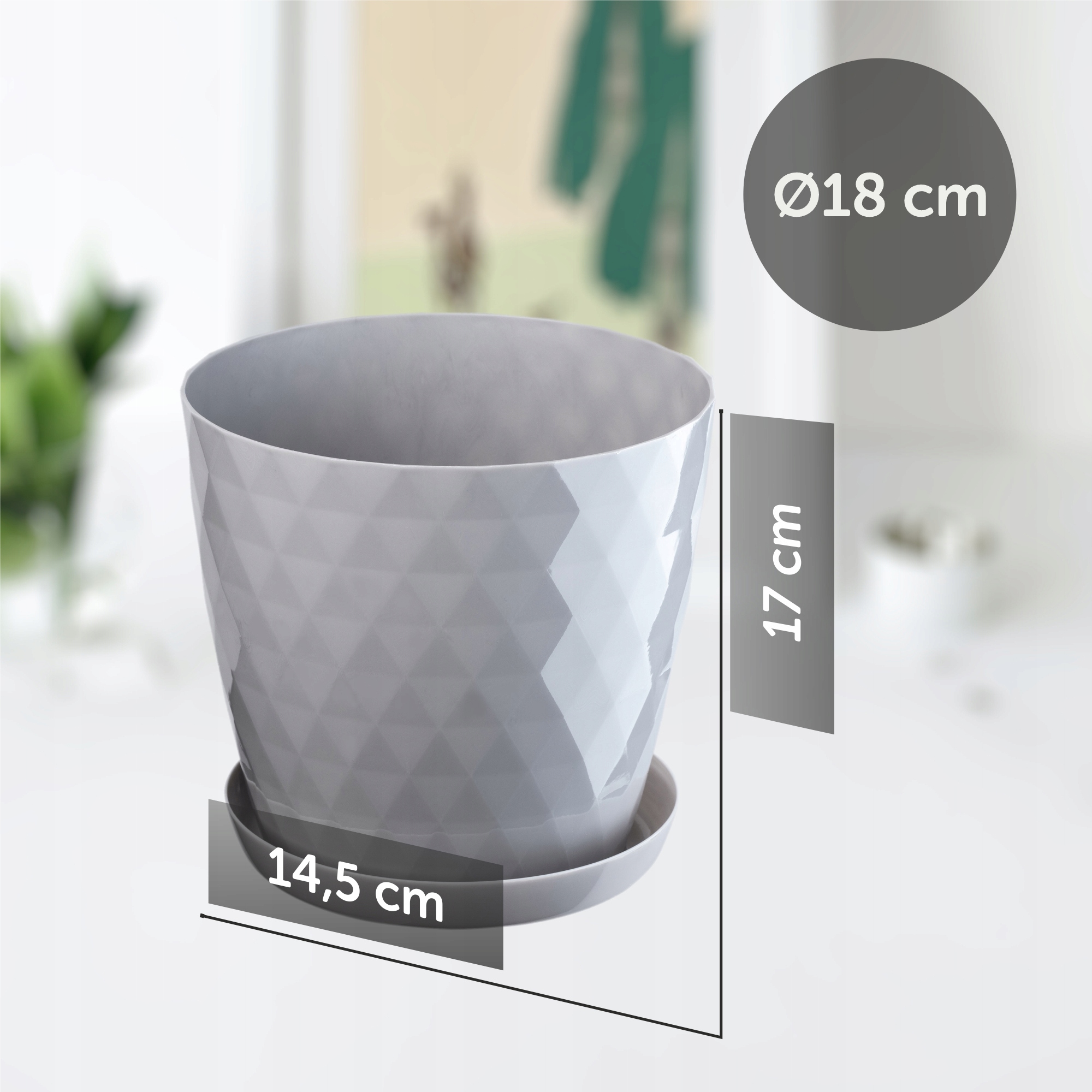 DONICZKA PLASTIKOWA Z PODSTAWKĄ DONICA OSŁONKA NA KWIATY 18cm SZARA KADAX Długość 18 cm