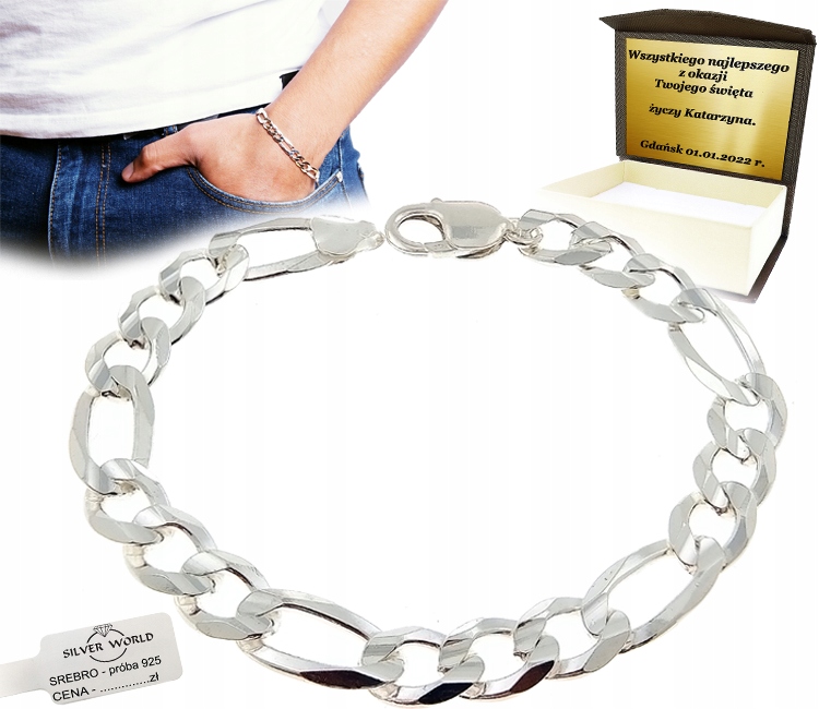 

Okazała Bransoletka Srebrna Męska 8 mm Grawer