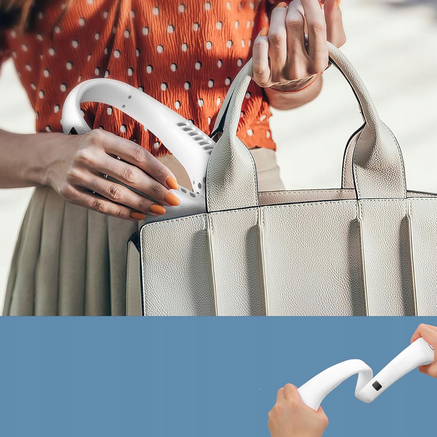 WENTYLATOR BEZŁOPATKOWY WENTYLATOR USB NA SZYJĘ 3000mAh 5 PRĘDKOŚCI Załączone wyposażenie kabel USB