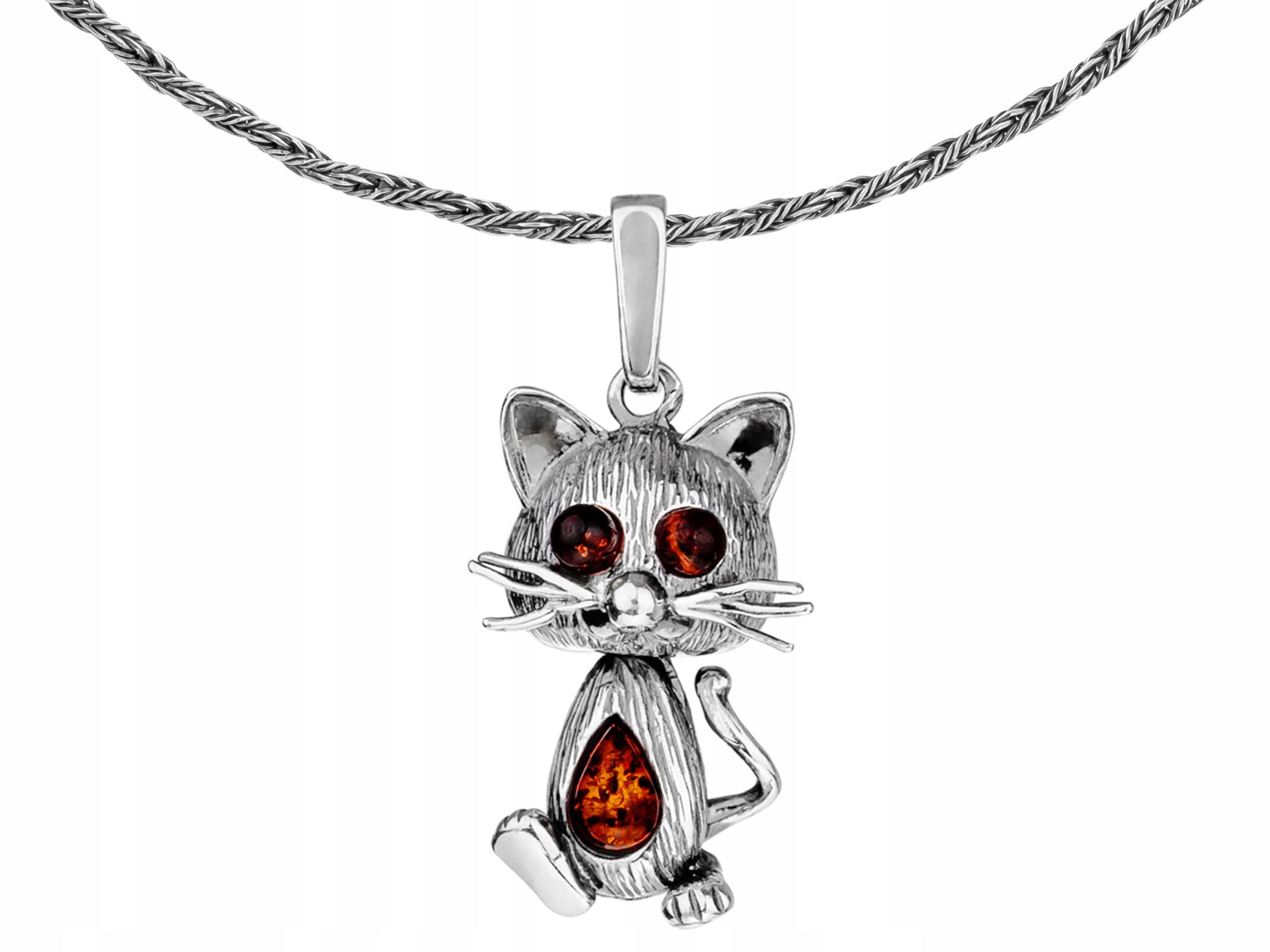 Velký stříbrný oxidovaný náhrdelník Kočka s jantarem Kočička Jantar Dlouhý 75