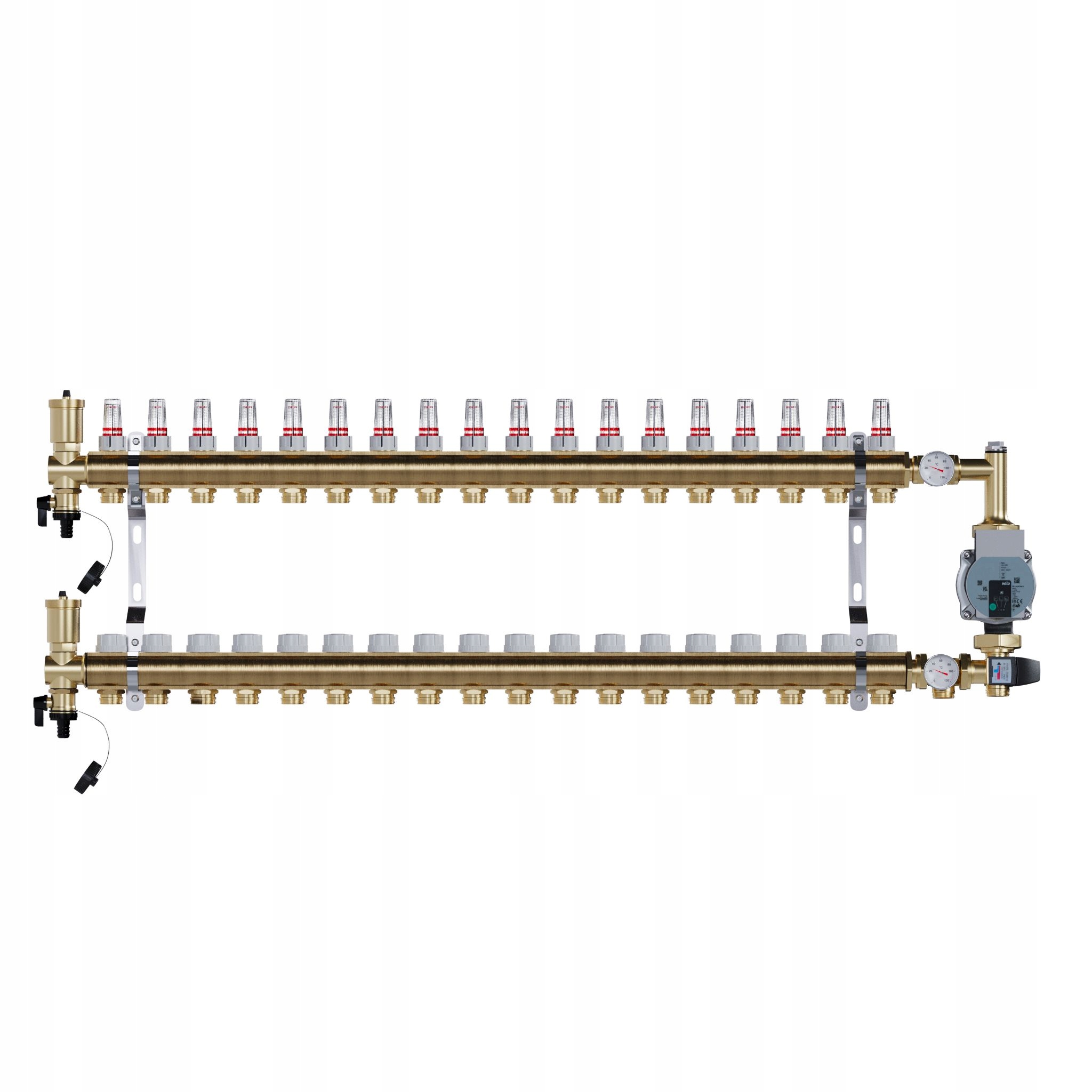 Rozdělovač pro podlahové topení 18 mosazných sekcí Čerpadlo Wilo