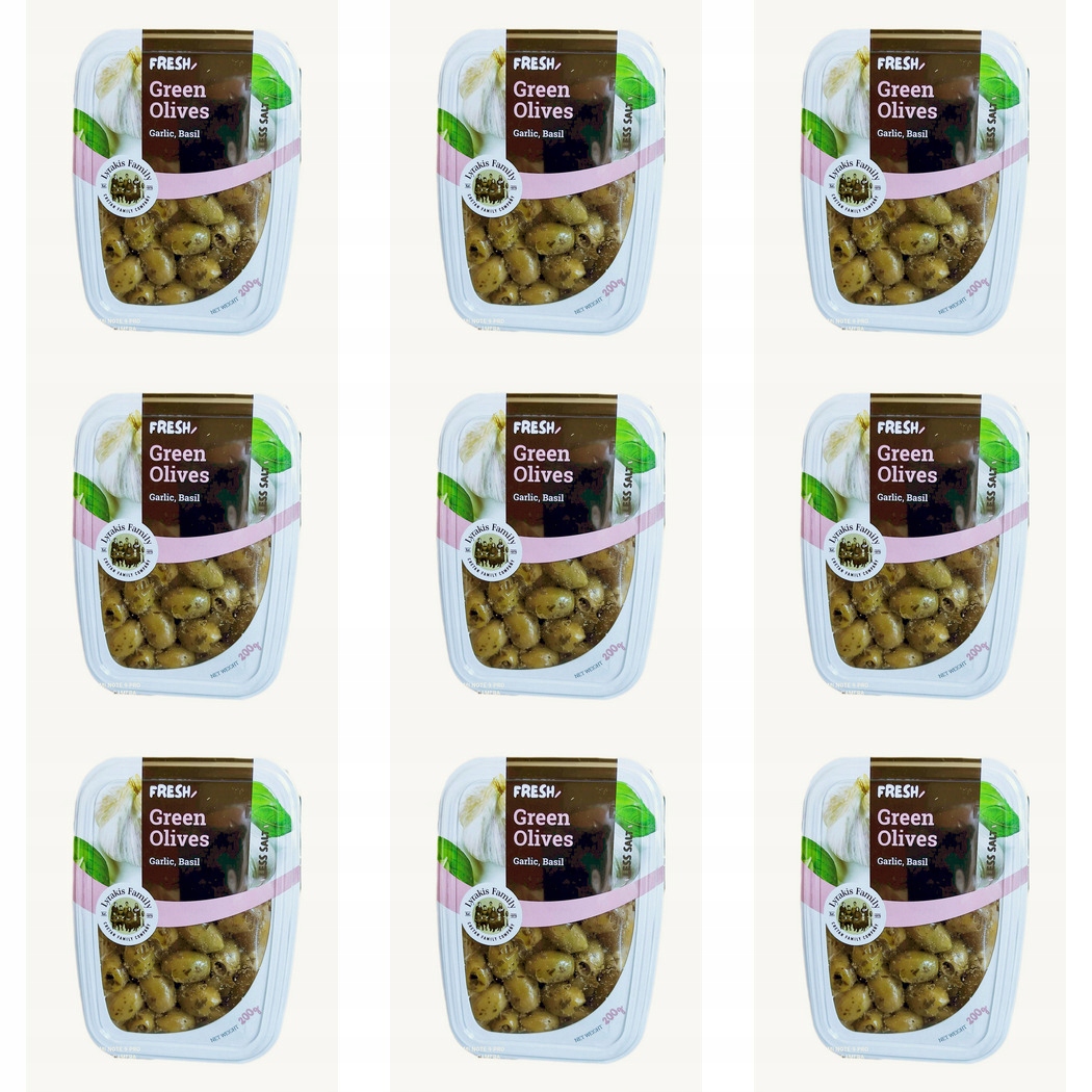 Levně 9 x 200 g Lyrakis Family Zelené olivy s česnekem a bazalkou Karton