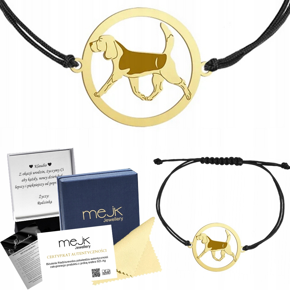 Zlatý náramek se psem plemene Beagle 925 Šperky Dárek Žena Gravírování