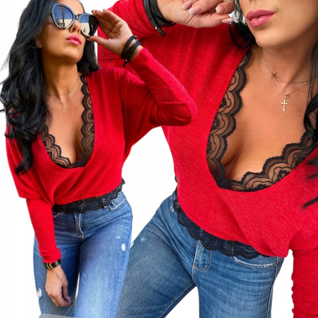 Elegantní dámská halenka s krajkou a černým výstřihem V Sexy Volný svetr L 40