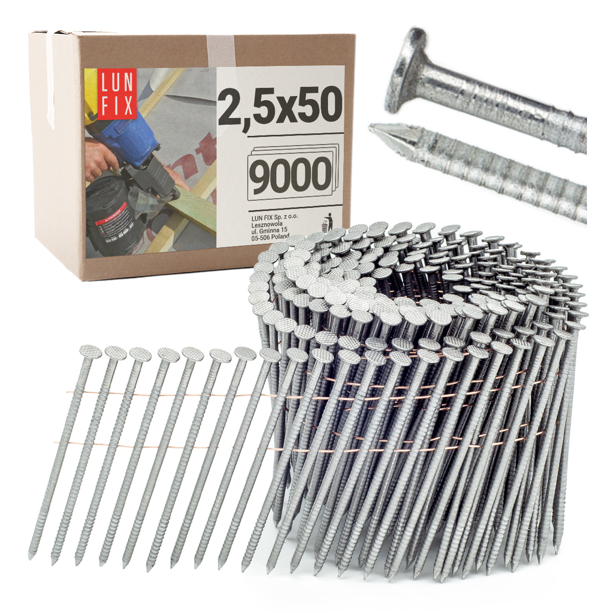 Hřebíky do bubnové hřebíkovačky 50 2,5x50 mm kroužkové 16° 9000ks