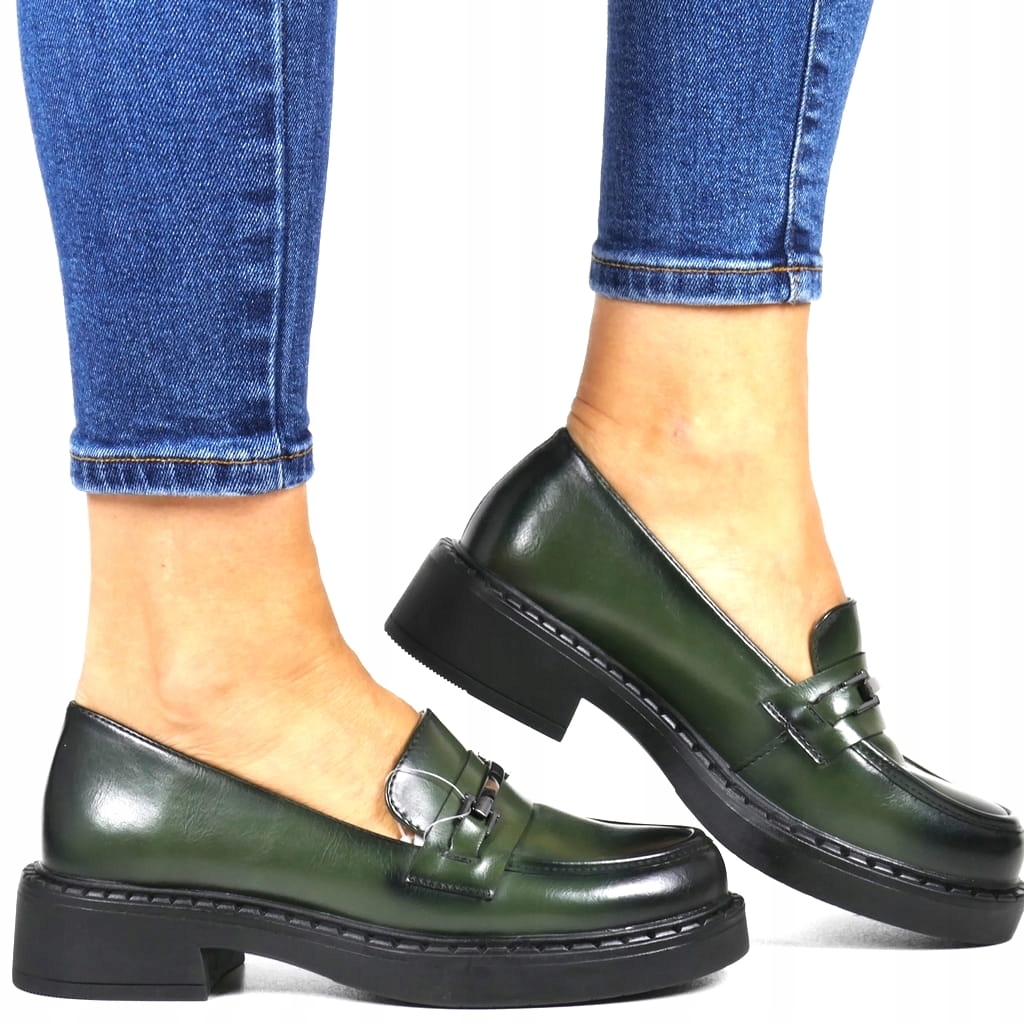 Mokasíny Na Tvrdé Podrážce, Měkké Polobotky Loafersy S Přezkou, Zelené, Velikost 40