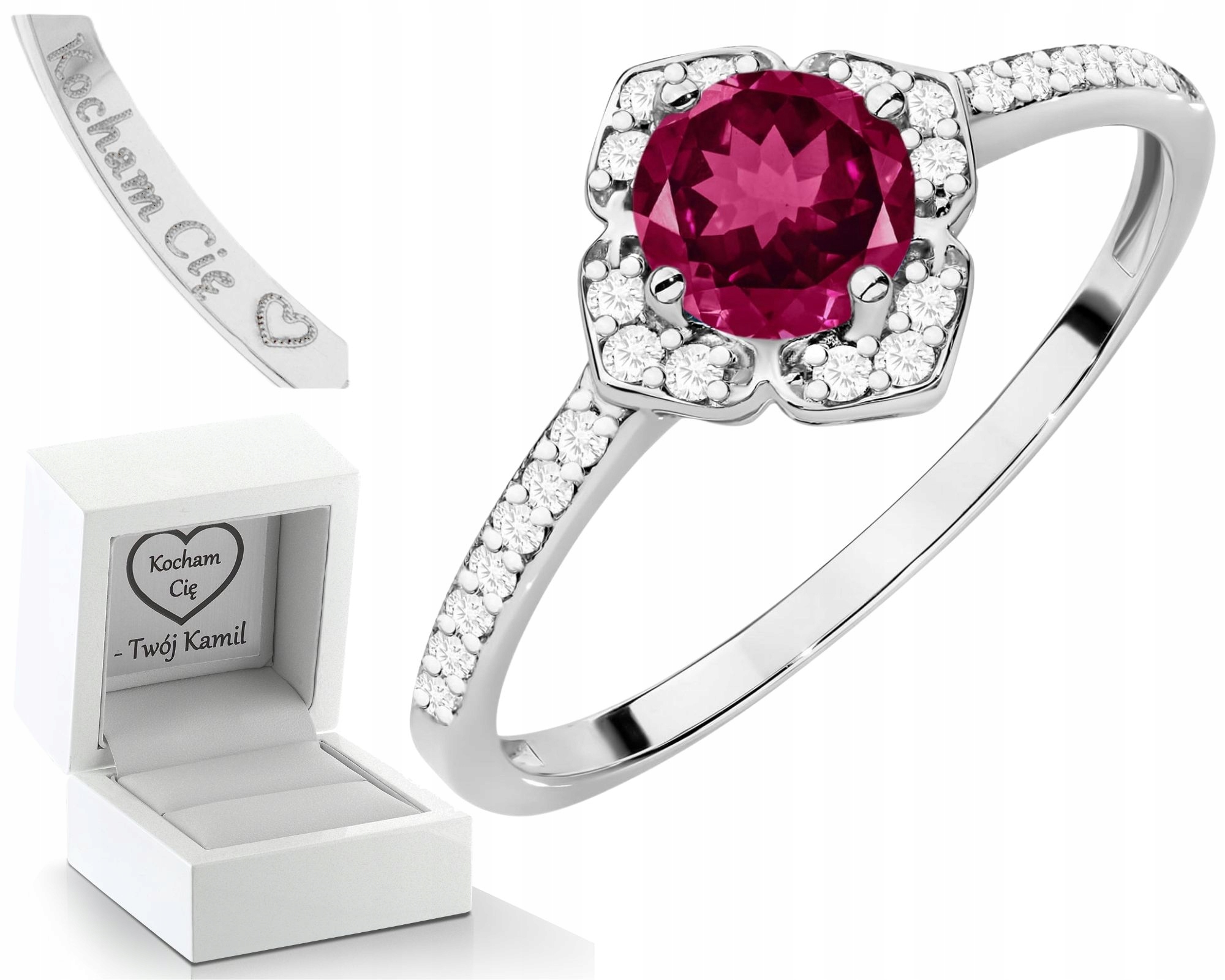 Prstýnek Z Bílého Zlata S Rhodolity A Diamanty Ve Zlatě 585, Dárkový Dárek