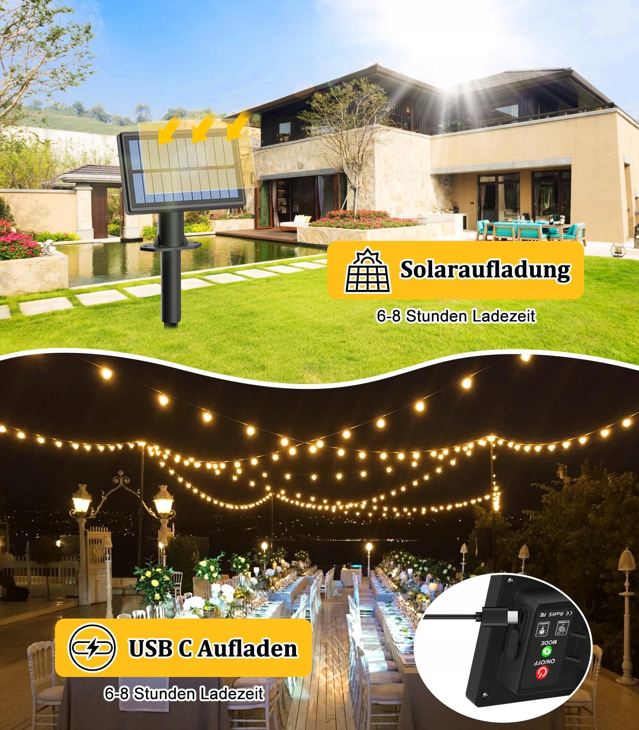 SOLAR LAMPKI LED ZEWNĘTRZNE 15M 50FT G40 WODOODPORNE NA BALKON I TARAS — miniatura 2