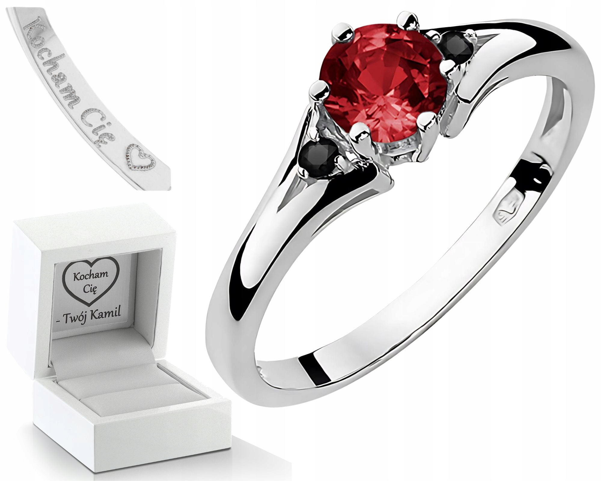 Prstýnek Z Bílého Zlata S Granátem A Černými Diamanty 585 14K Zlato Jako Dárek