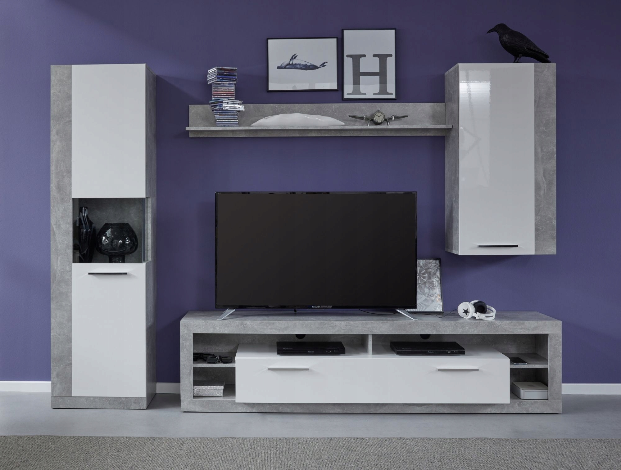 Meblościanka biała wysoki połysk+ beton Eden Marka SFM