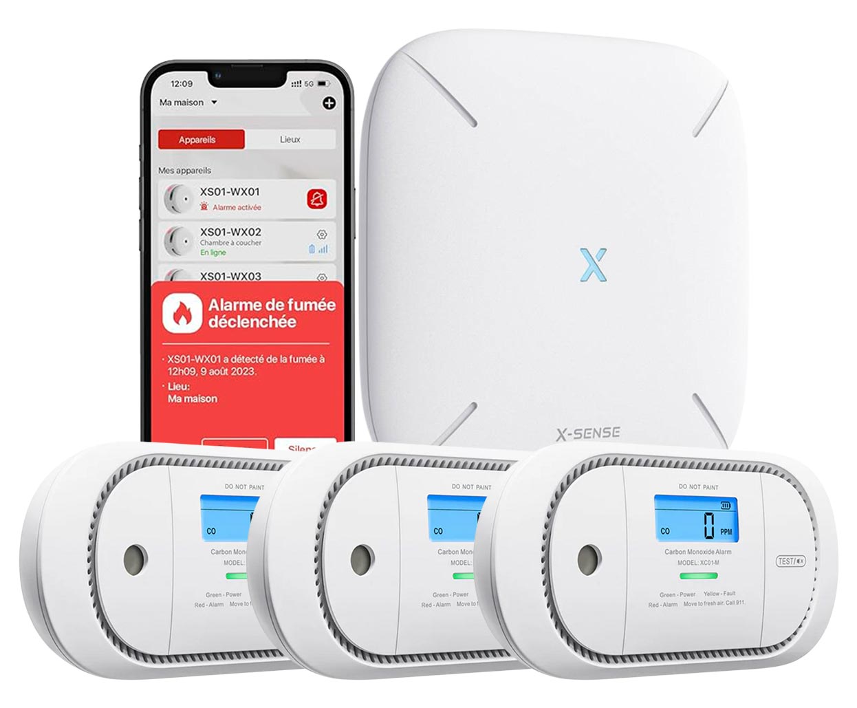 Sada X-Sense 3x Snímač oxidu uhoľnatého XC01-M WiFi stanica SBS50