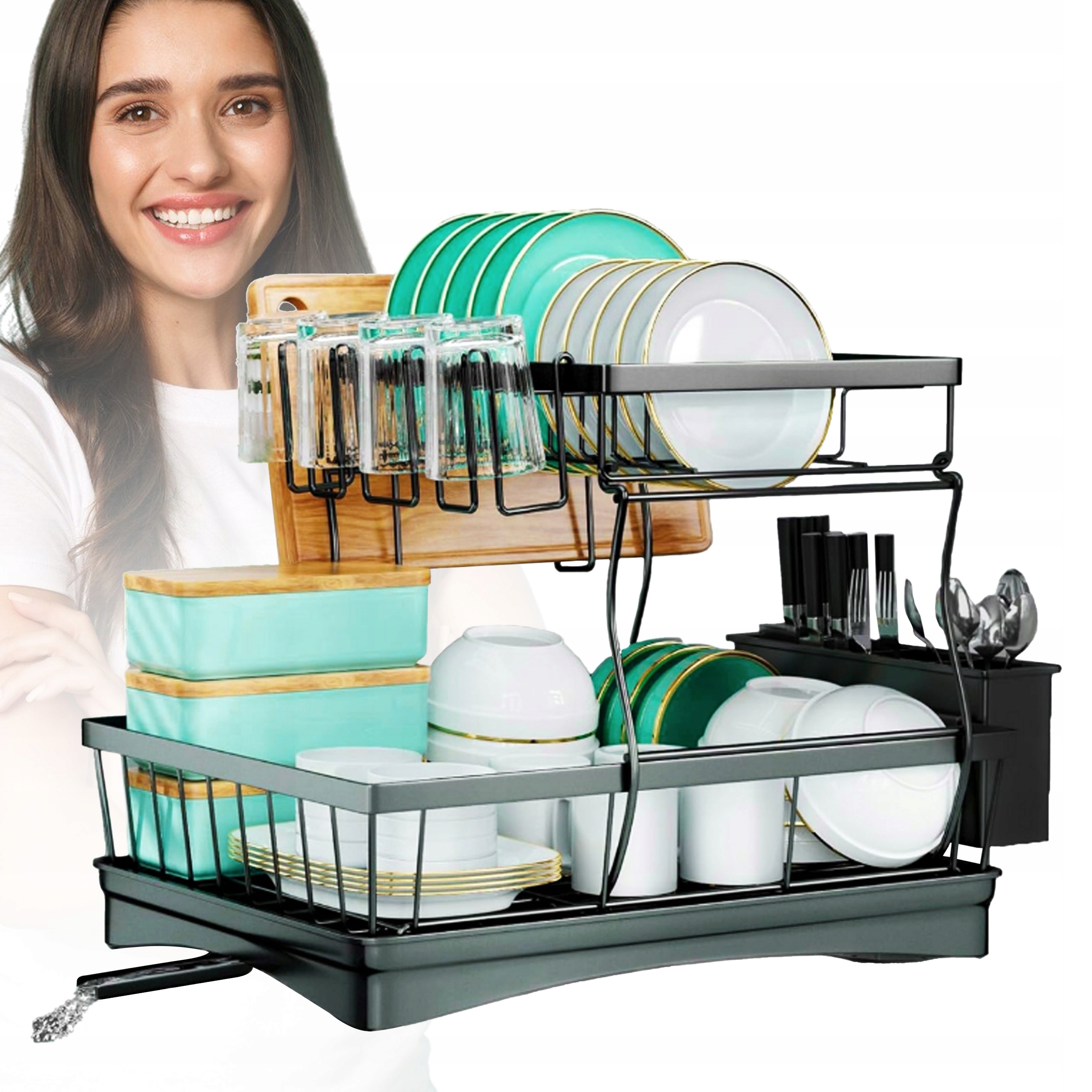 Levně Dvouúrovňová odkapávač na nádobí, stojící, velká černá, odkapávač na talíře