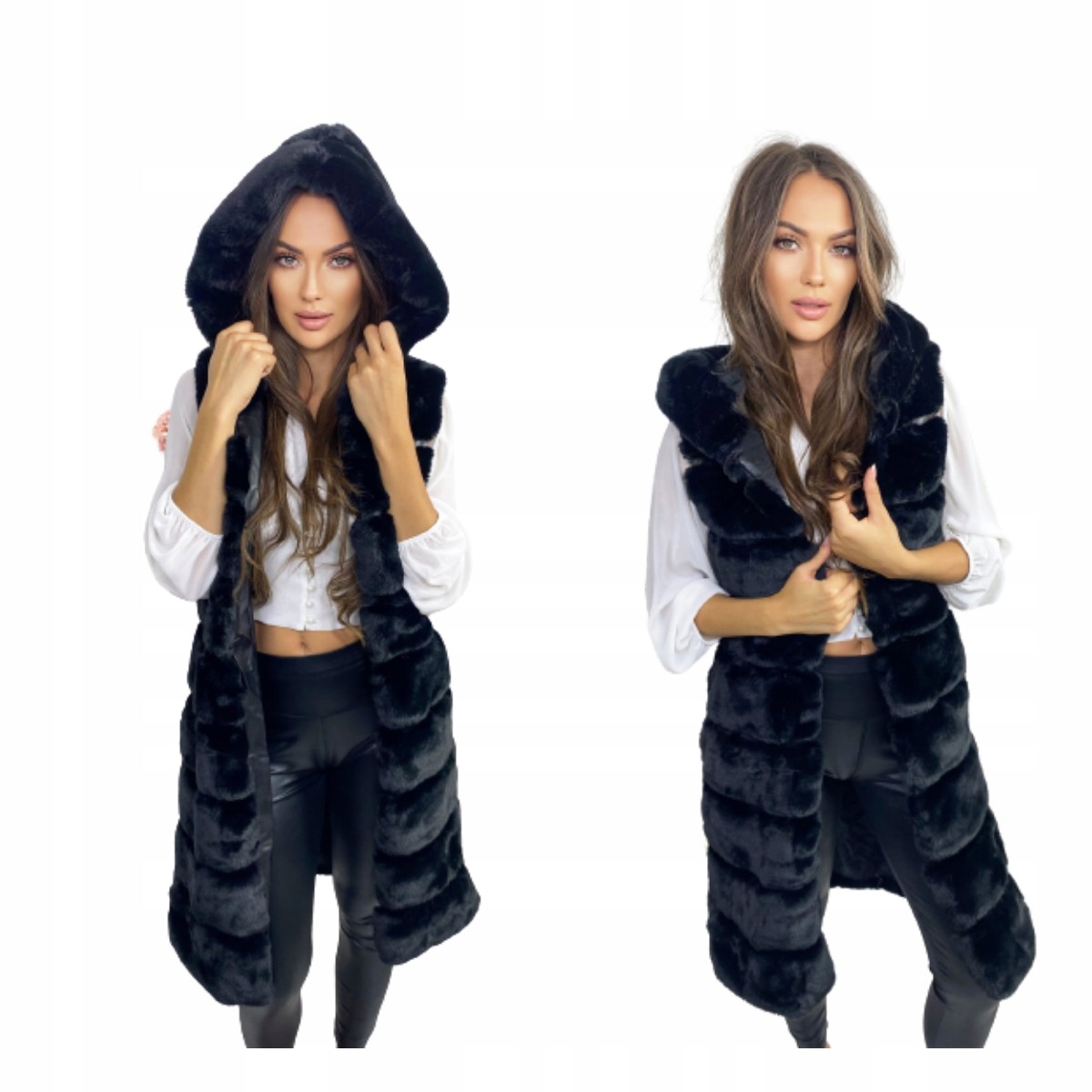 Kožešinová Vesta S Kapucí Maxi Černá S