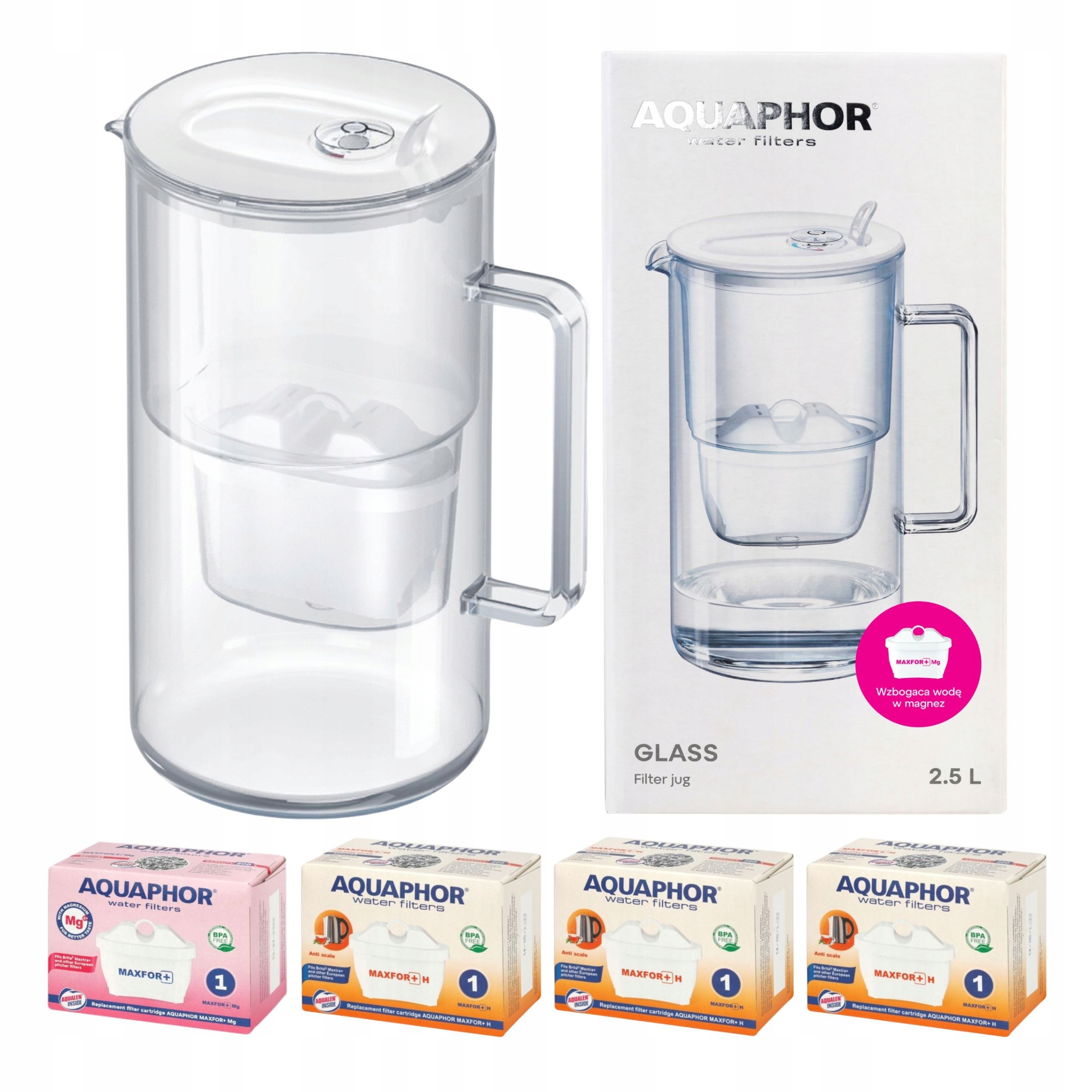 Dzbanek Filtrujący Szklany Aquaphor Glass 2,5L 4 Filtry Maxfor (1Mg+3H)