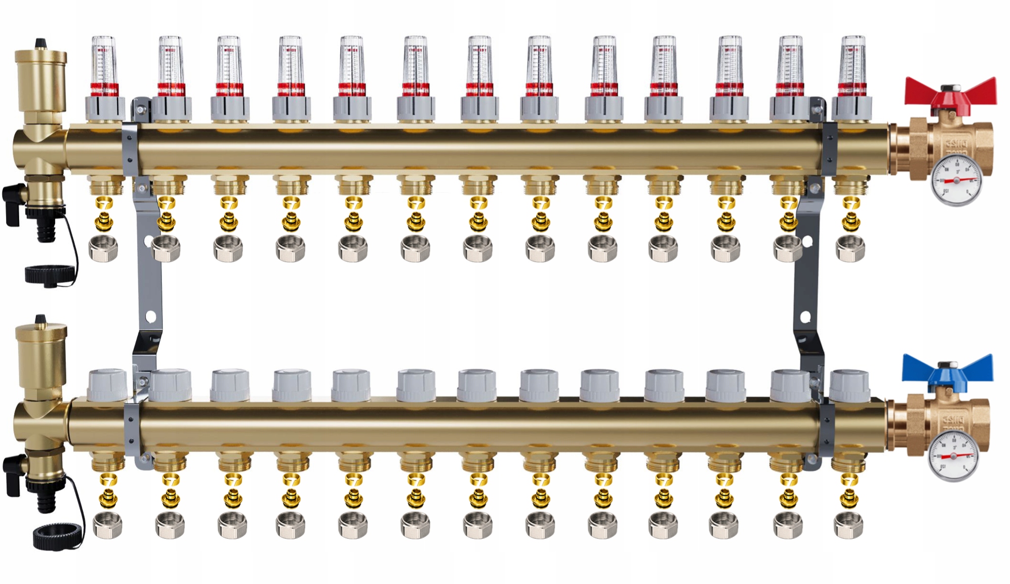 Rozdělovač Pro Podlahovou Krytinu 13 Okruhů Jednoduchý Kulový Ventil Teploměr Pex