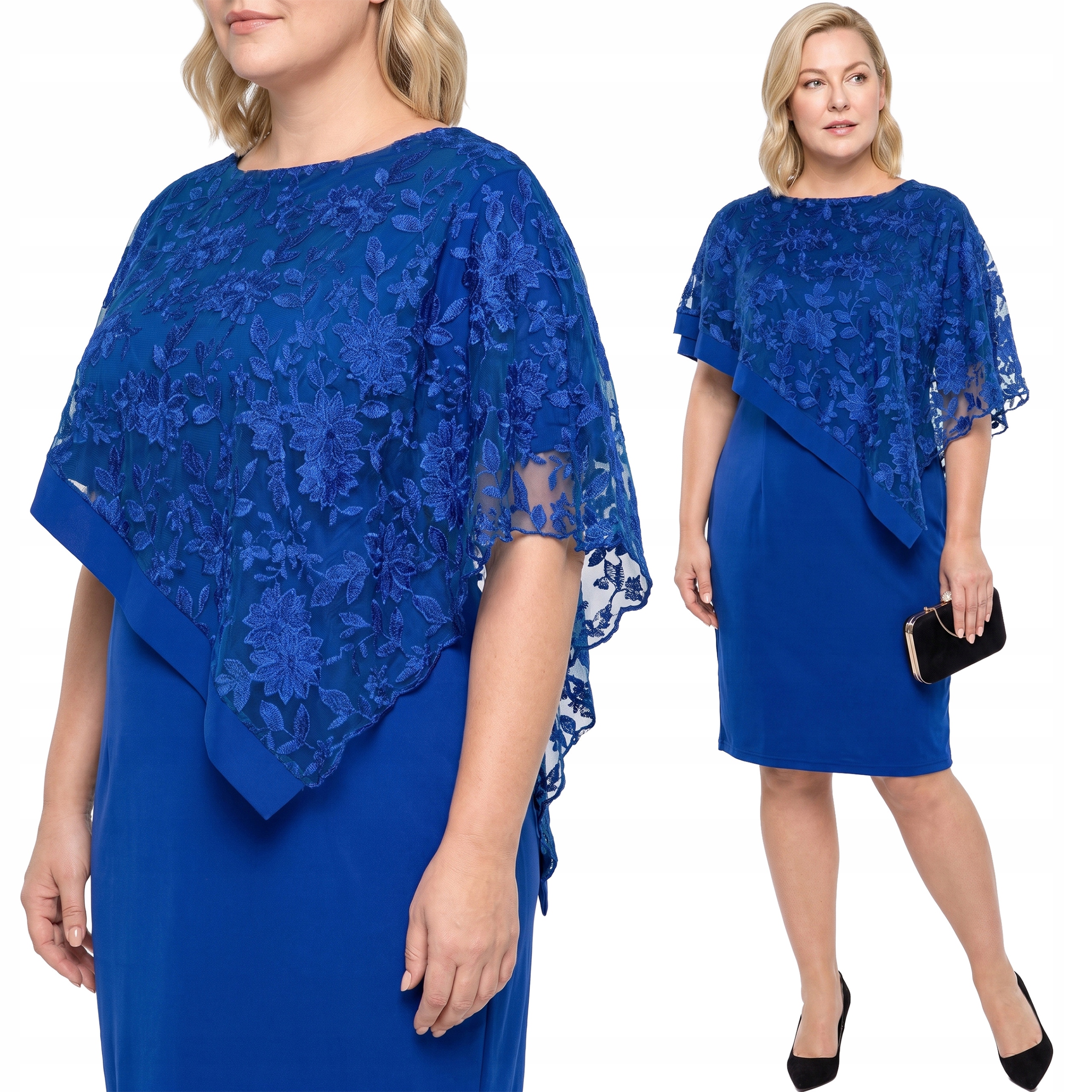 Modrá šaty s asymetrickým pončem plus size velikost 56