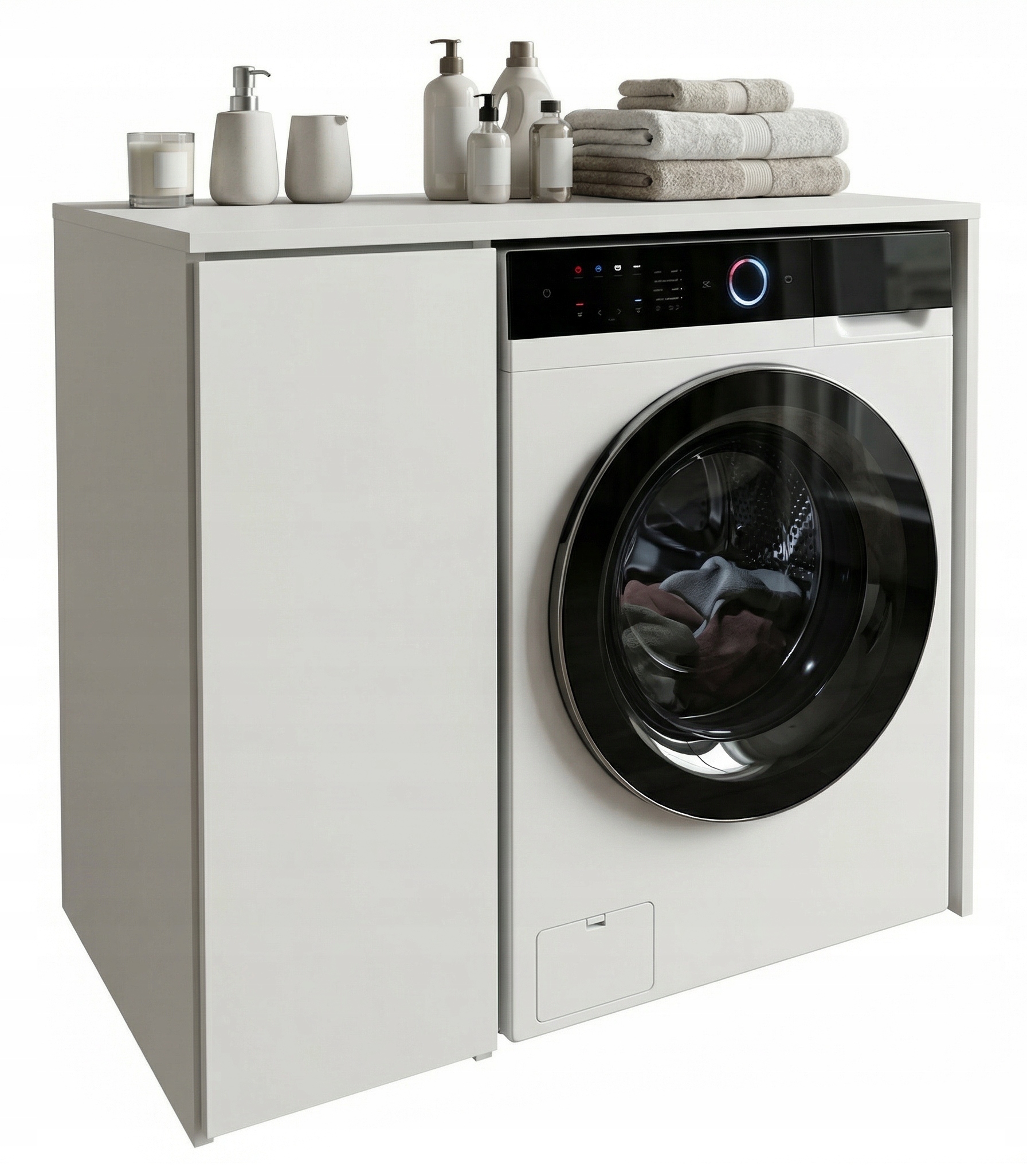 Skříňka na pračku do koupelny, regál, zabudovaná pračka, bílá