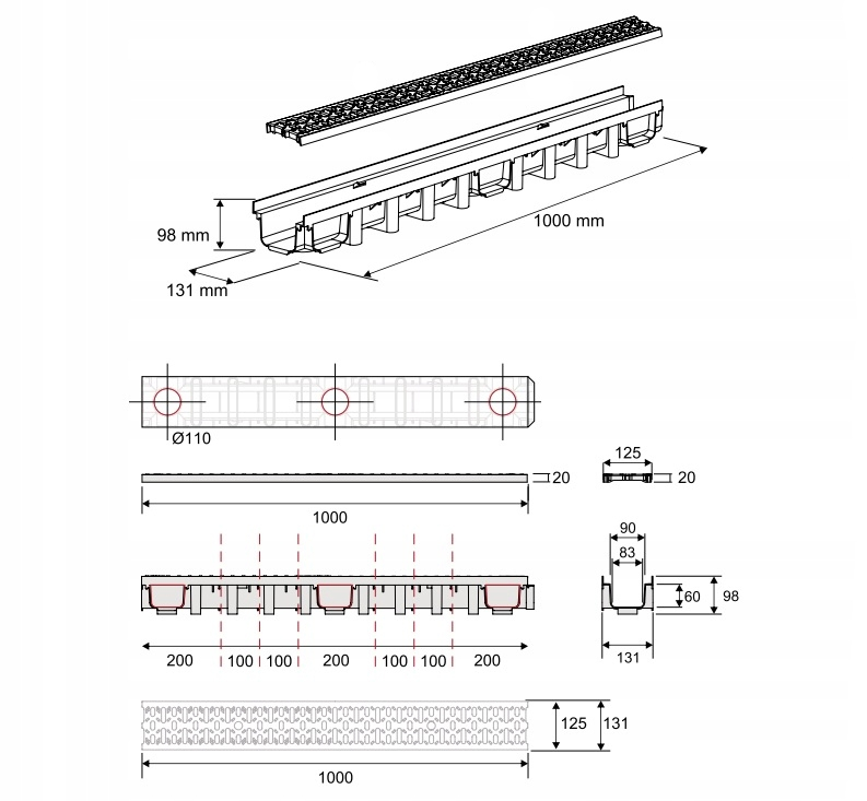 Odwodnienie liniowe 1000x98x131mm do 1,5 Tony MAX-DRAIN Kratka Czarna PP Marka ZMM Maxpol