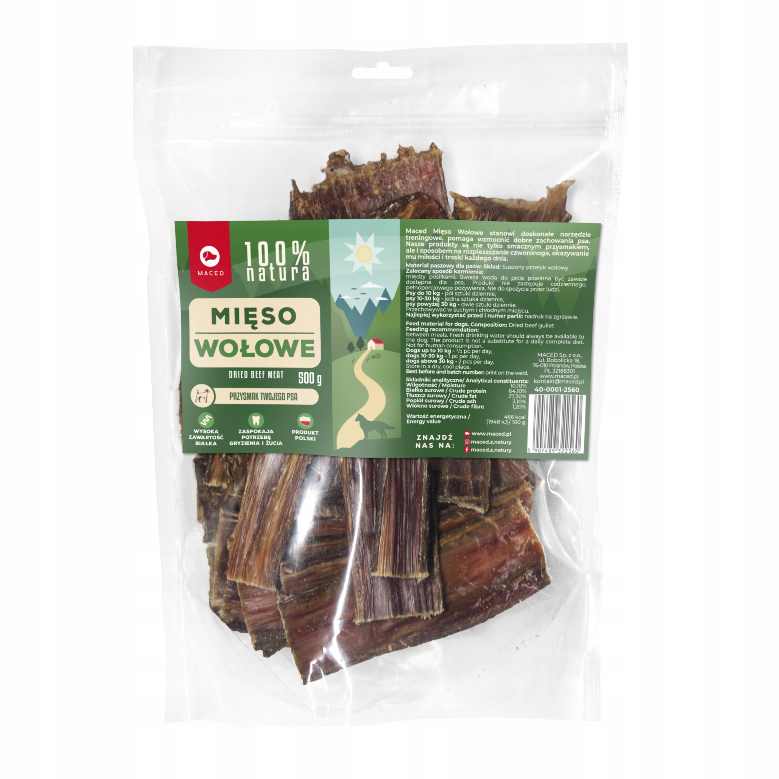 Psí pamlsek Sušené hovězí maso Maced 500 g
